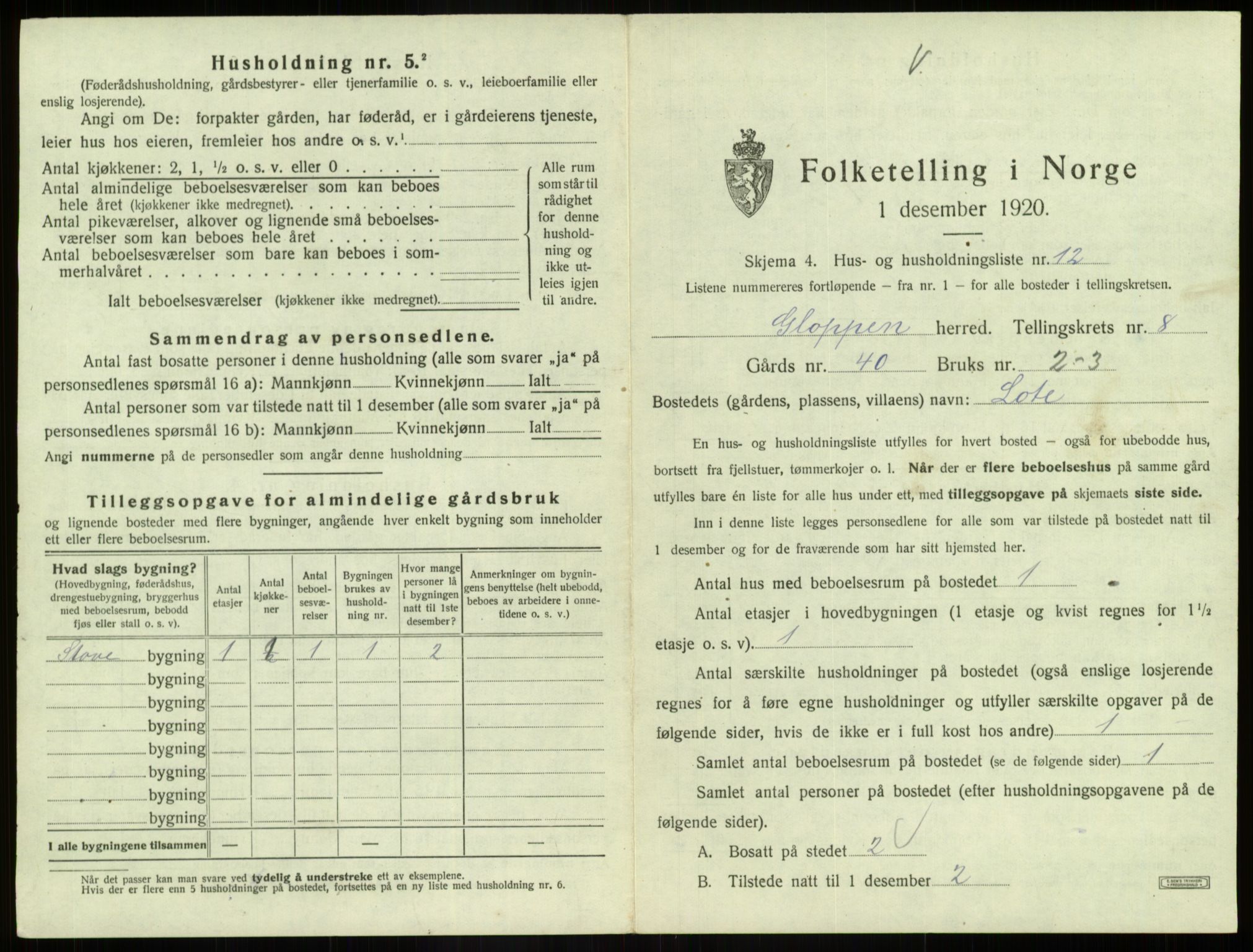 SAB, 1920 census for Gloppen, 1920, p. 592