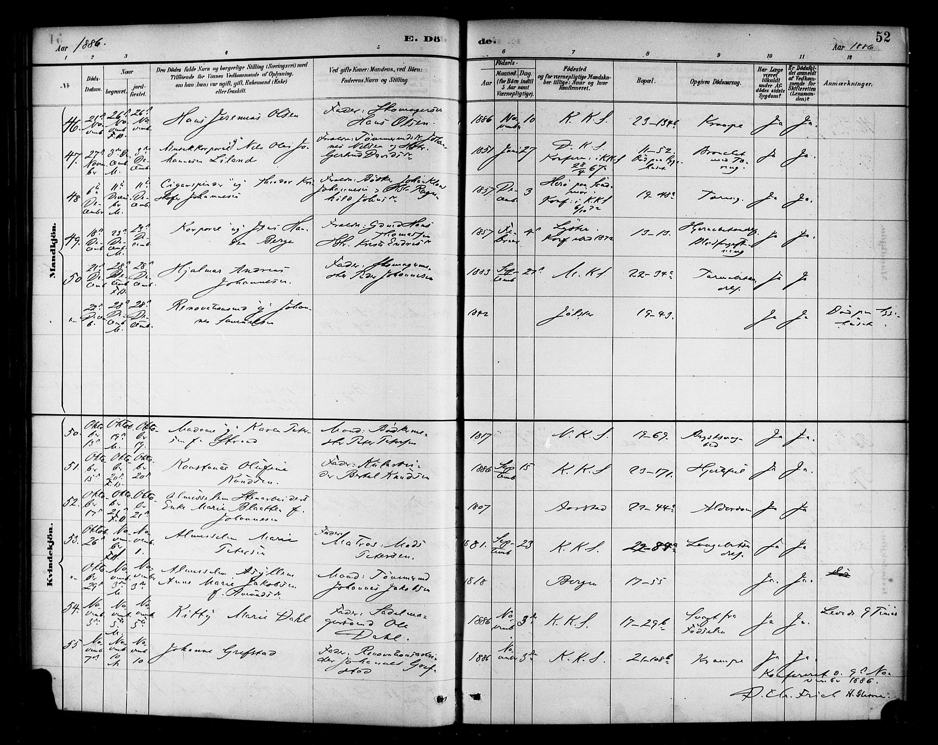 Korskirken sokneprestembete, AV/SAB-A-76101/H/Haa/L0047: Parish register (official) no. E 5, 1884-1910, p. 52