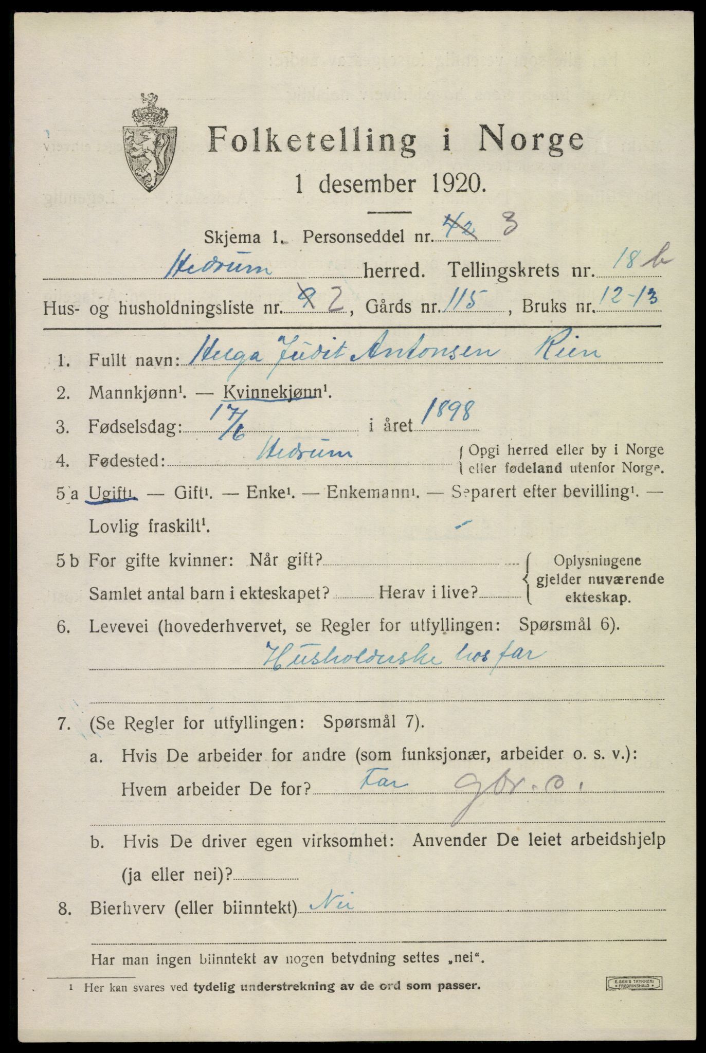 SAKO, 1920 census for Hedrum, 1920, p. 11023