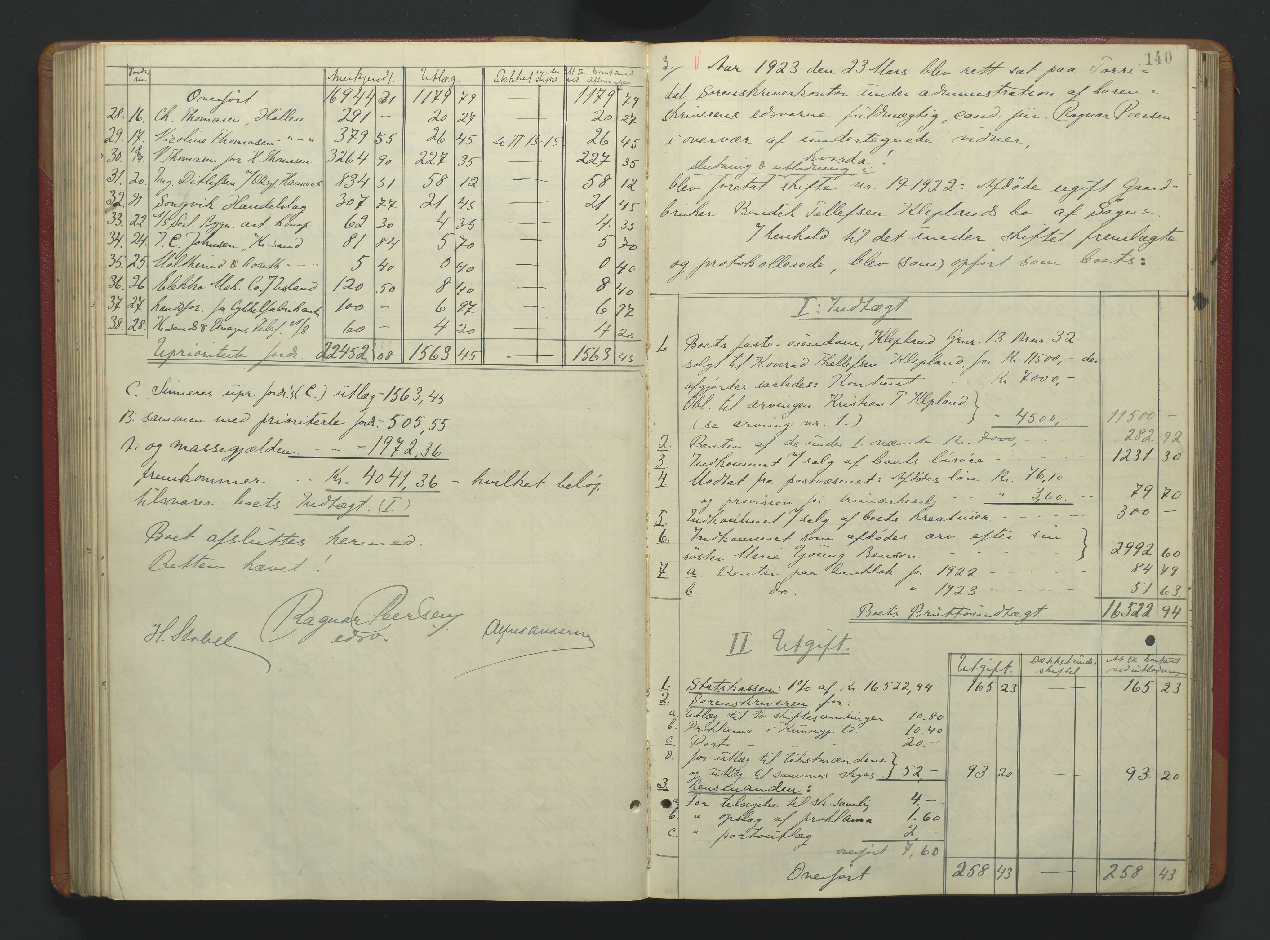 Torridal sorenskriveri, SAK/1221-0012/H/Hc/L0037: Skifteutlodningsprotokoll med navneregister nr. 6, 1918-1927, p. 140