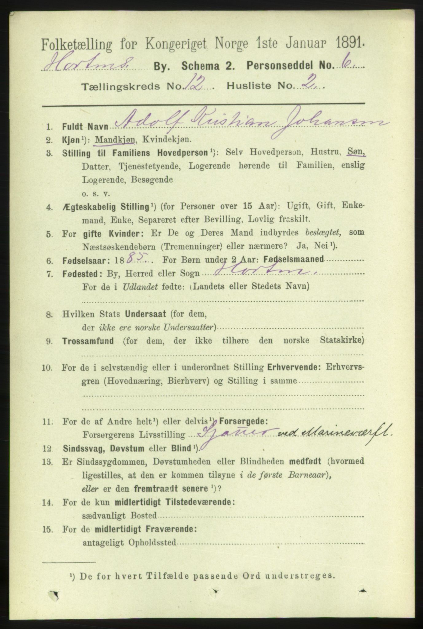 RA, 1891 census for 0703 Horten, 1891, p. 7407