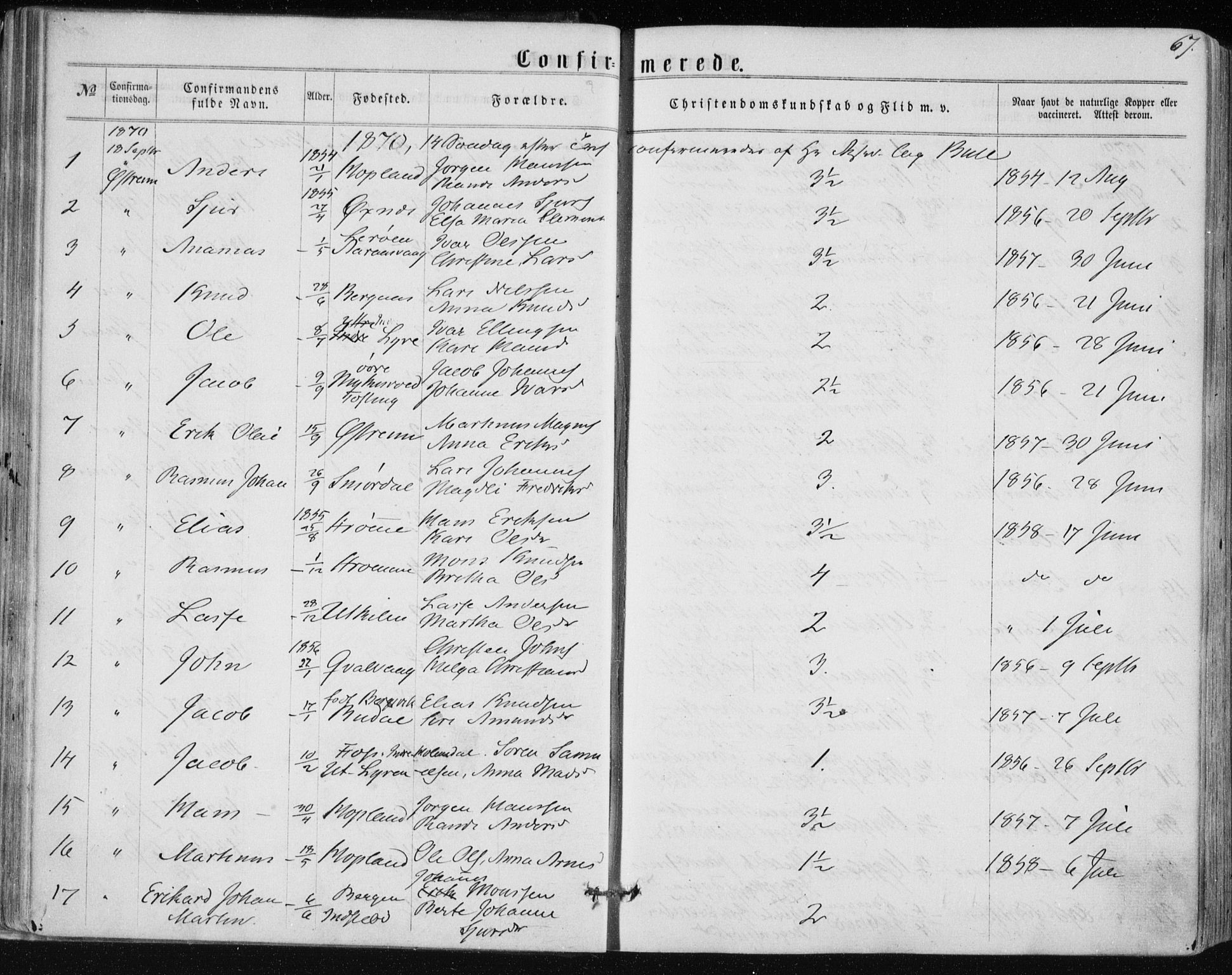 Lindås Sokneprestembete, SAB/A-76701/H/Haa: Parish register (official) no. A 16, 1863-1875, p. 67