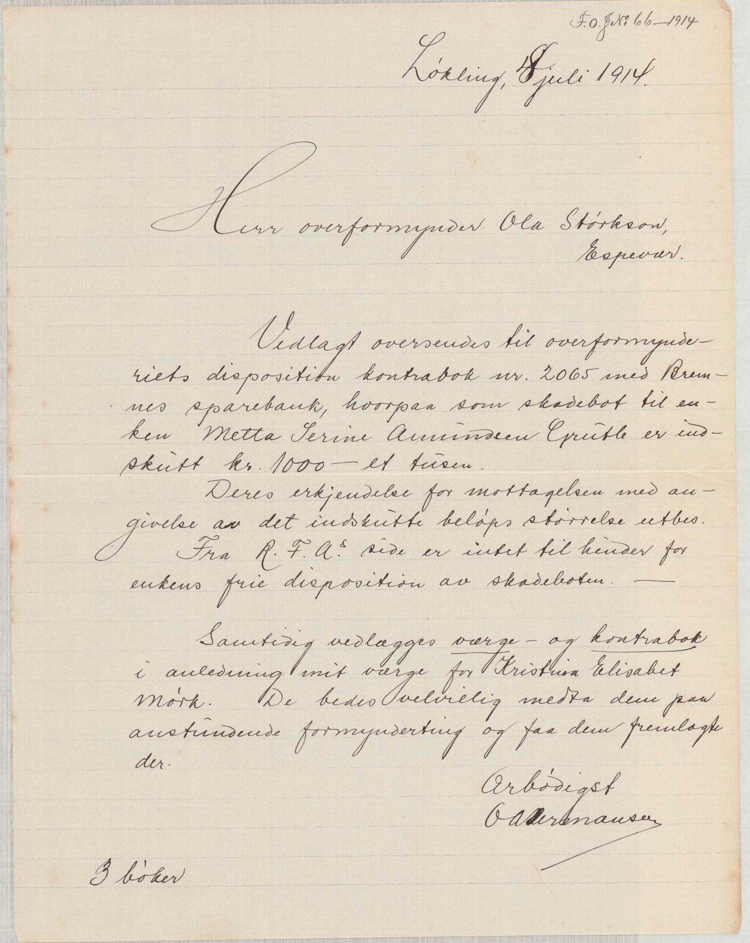 Finnaas kommune. Overformynderiet, IKAH/1218a-812/D/Da/Daa/L0003/0001: Kronologisk ordna korrespondanse / Kronologisk ordna korrespondanse, 1914-1916, p. 20