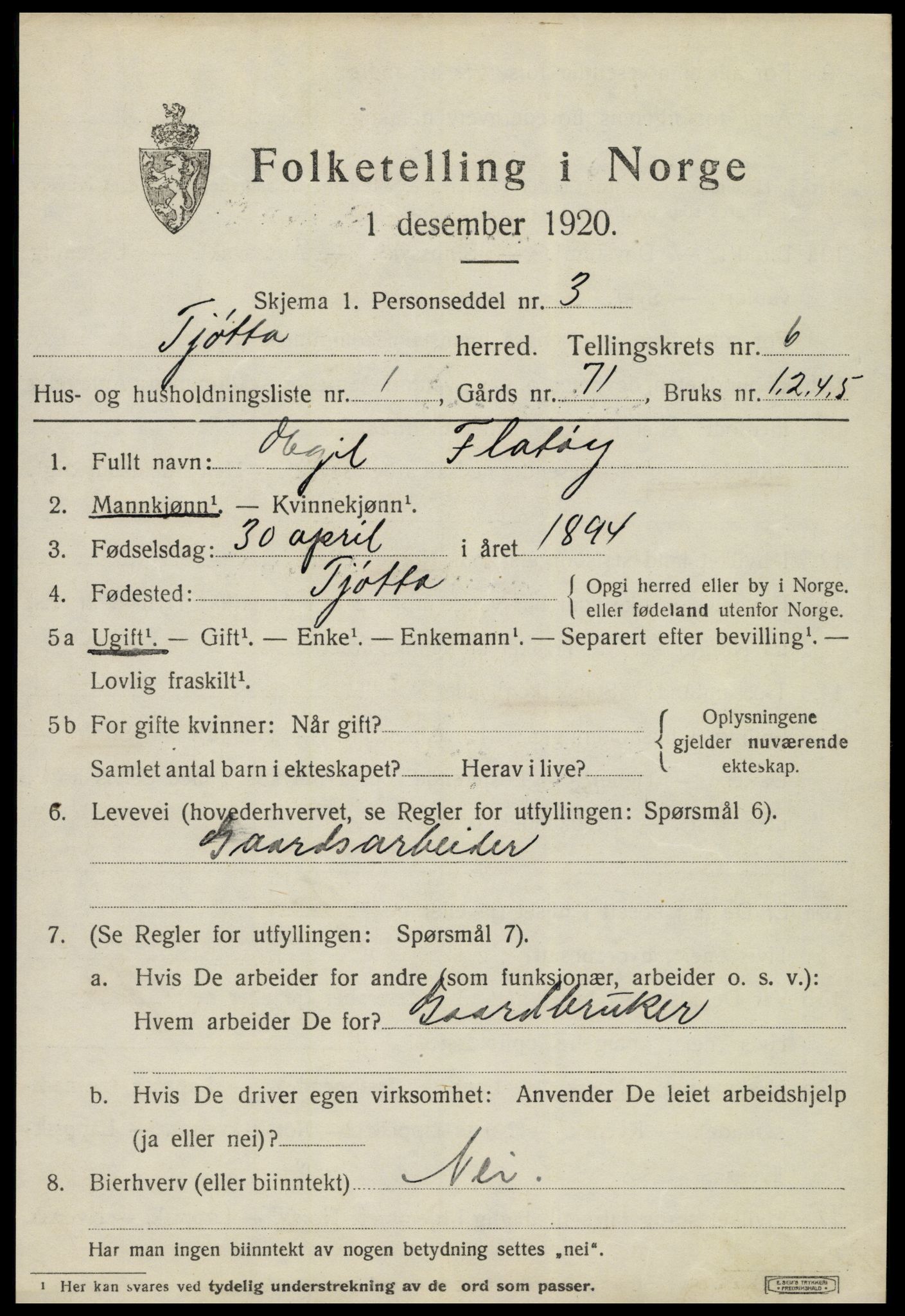 SAT, 1920 census for Tjøtta, 1920, p. 2419