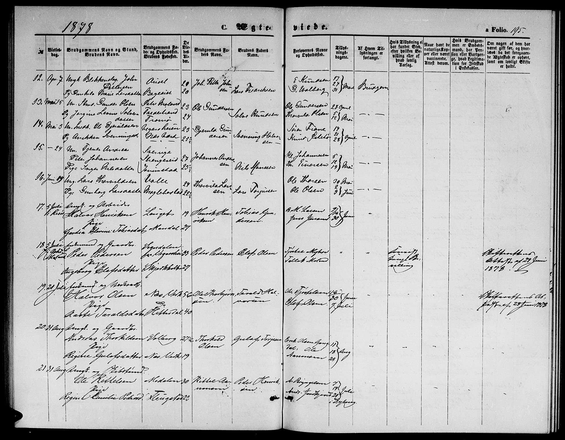 Holt sokneprestkontor, SAK/1111-0021/F/Fb/L0009: Parish register (copy) no. B 9, 1871-1883, p. 195