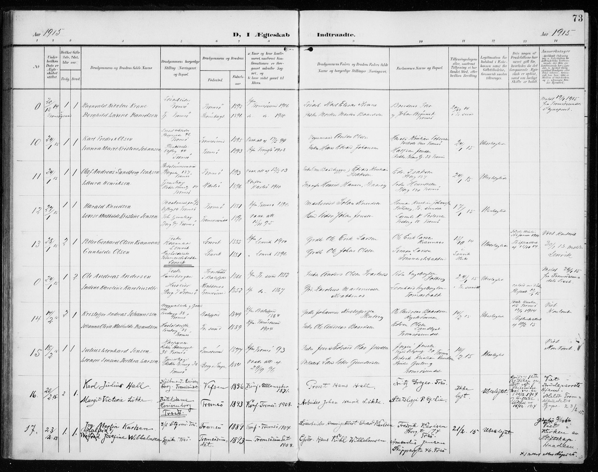 Tromsø sokneprestkontor/stiftsprosti/domprosti, AV/SATØ-S-1343/G/Ga/L0018kirke: Parish register (official) no. 18, 1907-1917, p. 73