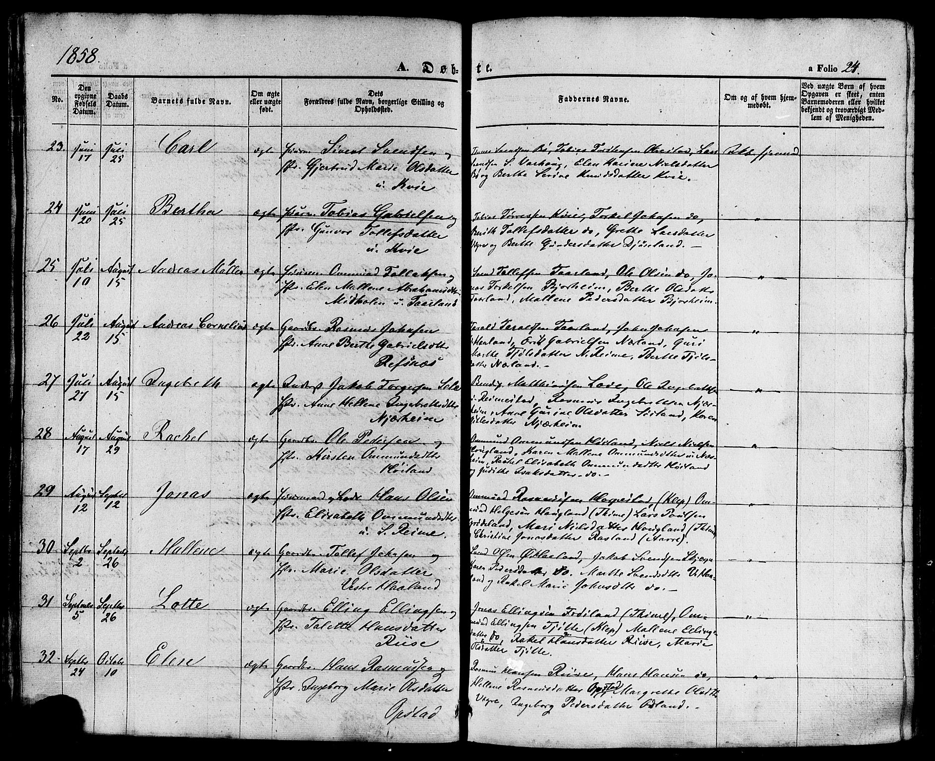 Hå sokneprestkontor, AV/SAST-A-101801/001/30BA/L0008: Parish register (official) no. A 7, 1853-1878, p. 24