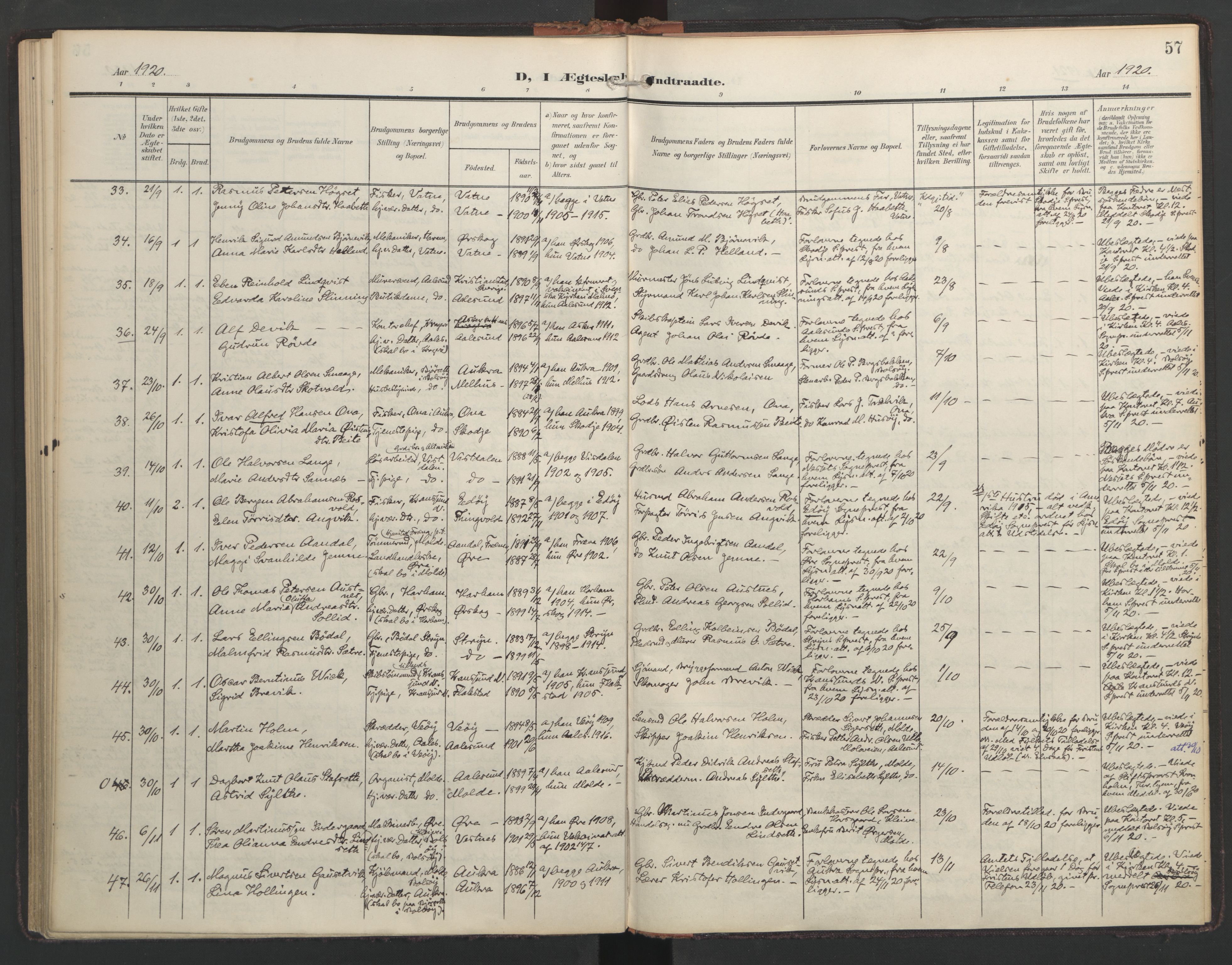 Ministerialprotokoller, klokkerbøker og fødselsregistre - Møre og Romsdal, AV/SAT-A-1454/558/L0694: Parish register (official) no. 558A08, 1907-1922, p. 57