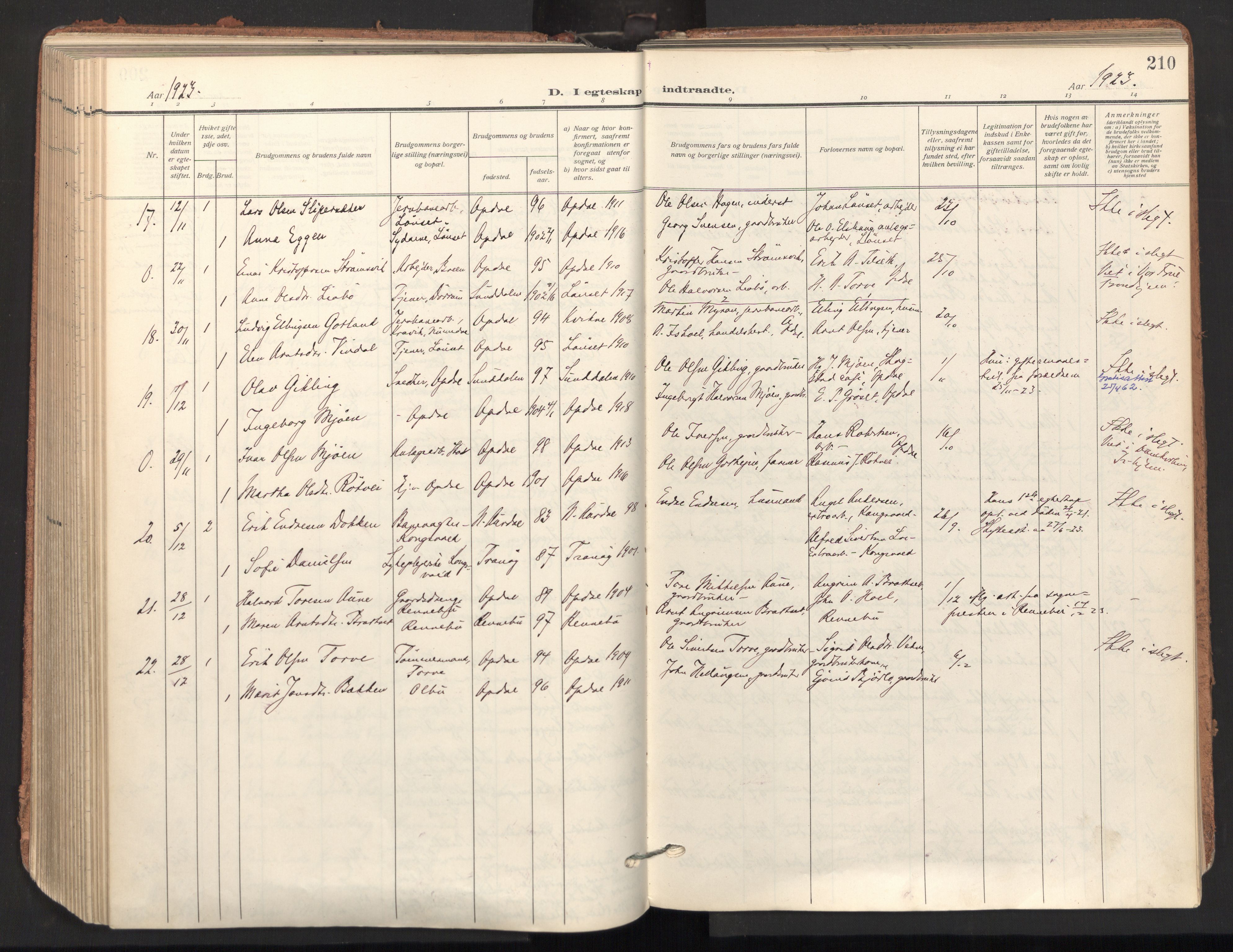 Ministerialprotokoller, klokkerbøker og fødselsregistre - Sør-Trøndelag, SAT/A-1456/678/L0909: Parish register (official) no. 678A17, 1912-1930, p. 210