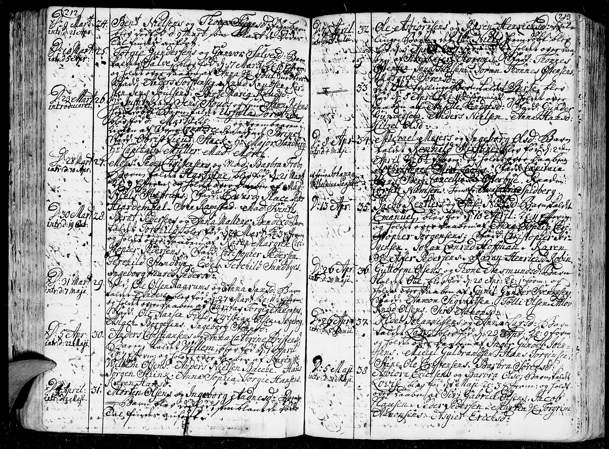 Kristiansand domprosti, SAK/1112-0006/F/Fa/L0001: Parish register (official) no. A 1, 1734-1793, p. 212-213