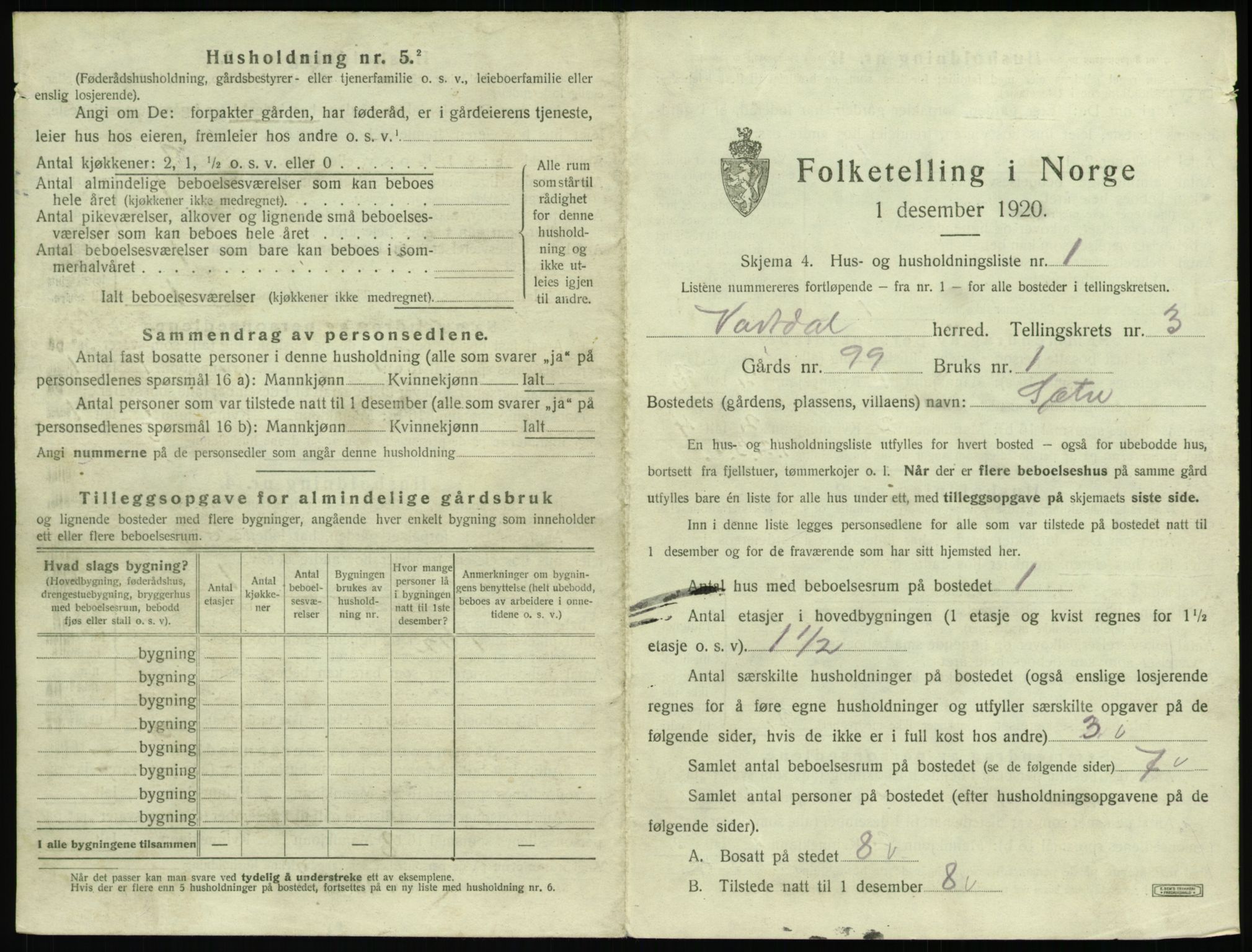 SAT, 1920 census for Vartdal, 1920, p. 153