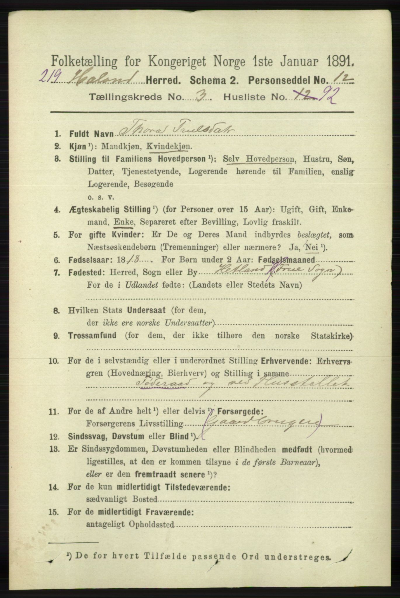 RA, 1891 census for 1124 Haaland, 1891, p. 2257