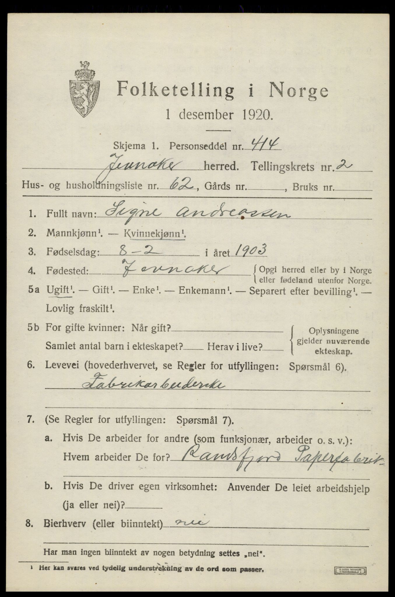 SAH, 1920 census for Jevnaker, 1920, p. 2231