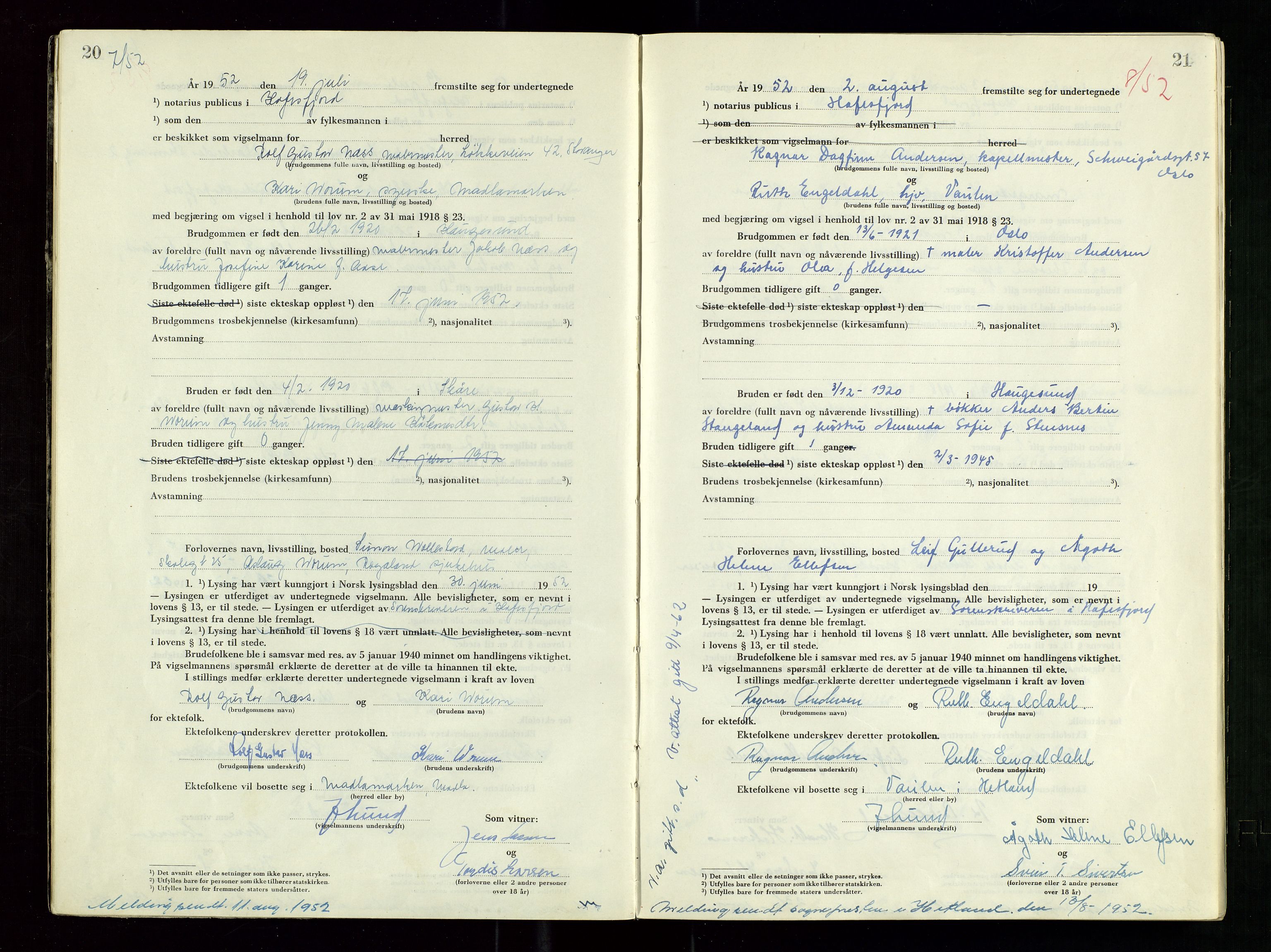 Hafrsfjord sorenskriveri, AV/SAST-A-100313/I/Ic/L0001: "Vigsels-bok", 1951-1959, p. 20-21