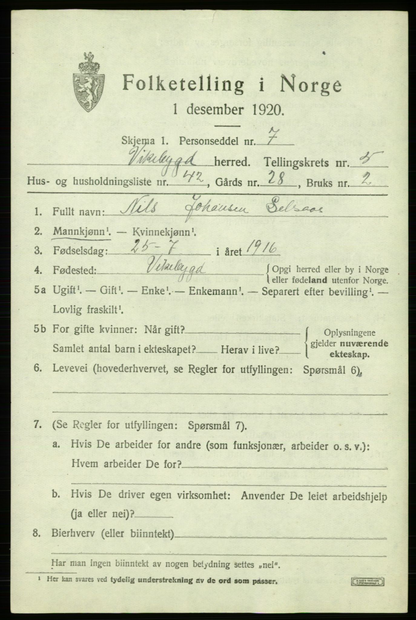 SAB, 1920 census for Vikebygd, 1920, p. 2173