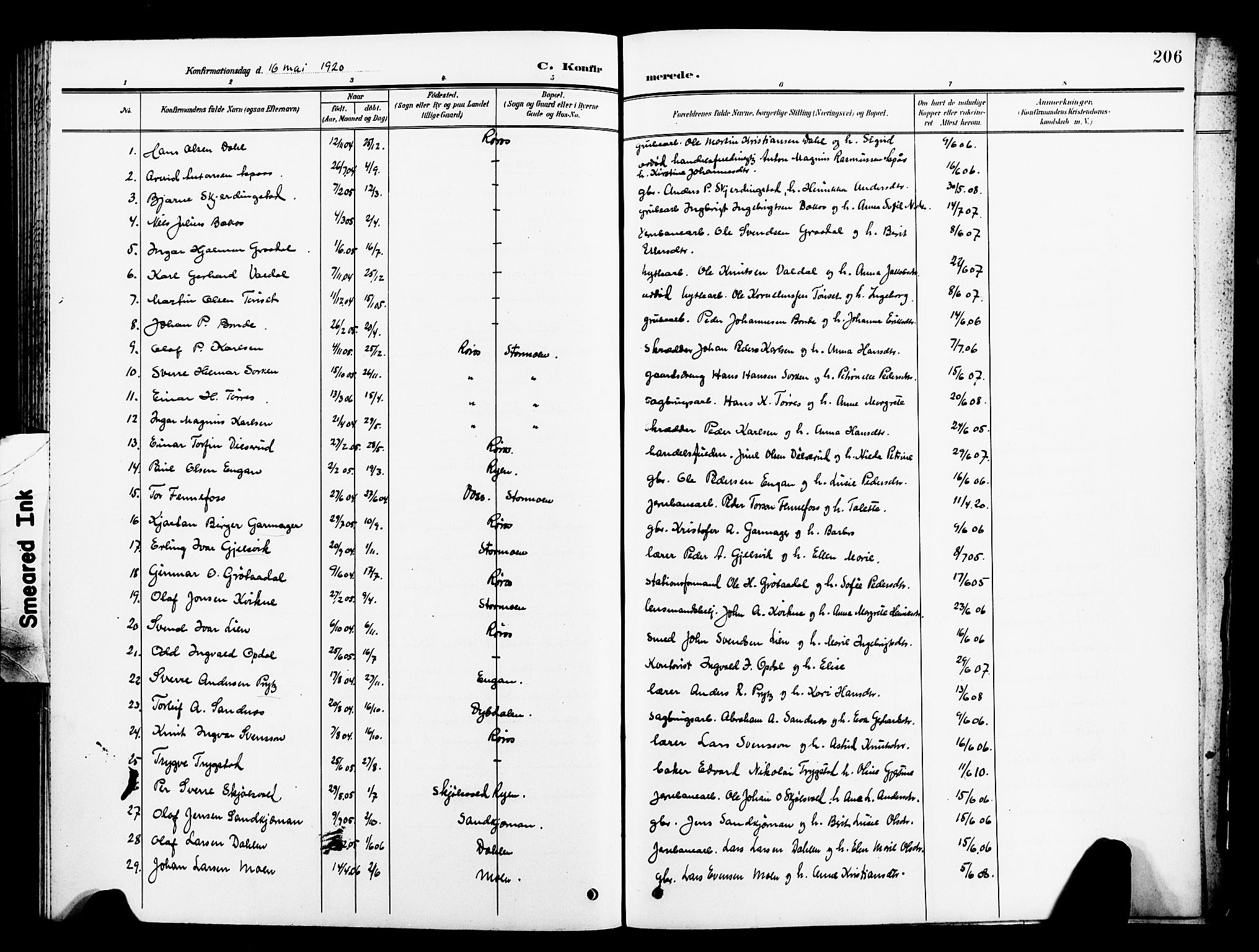 Ministerialprotokoller, klokkerbøker og fødselsregistre - Sør-Trøndelag, SAT/A-1456/681/L0942: Parish register (copy) no. 681C06, 1906-1925, p. 206