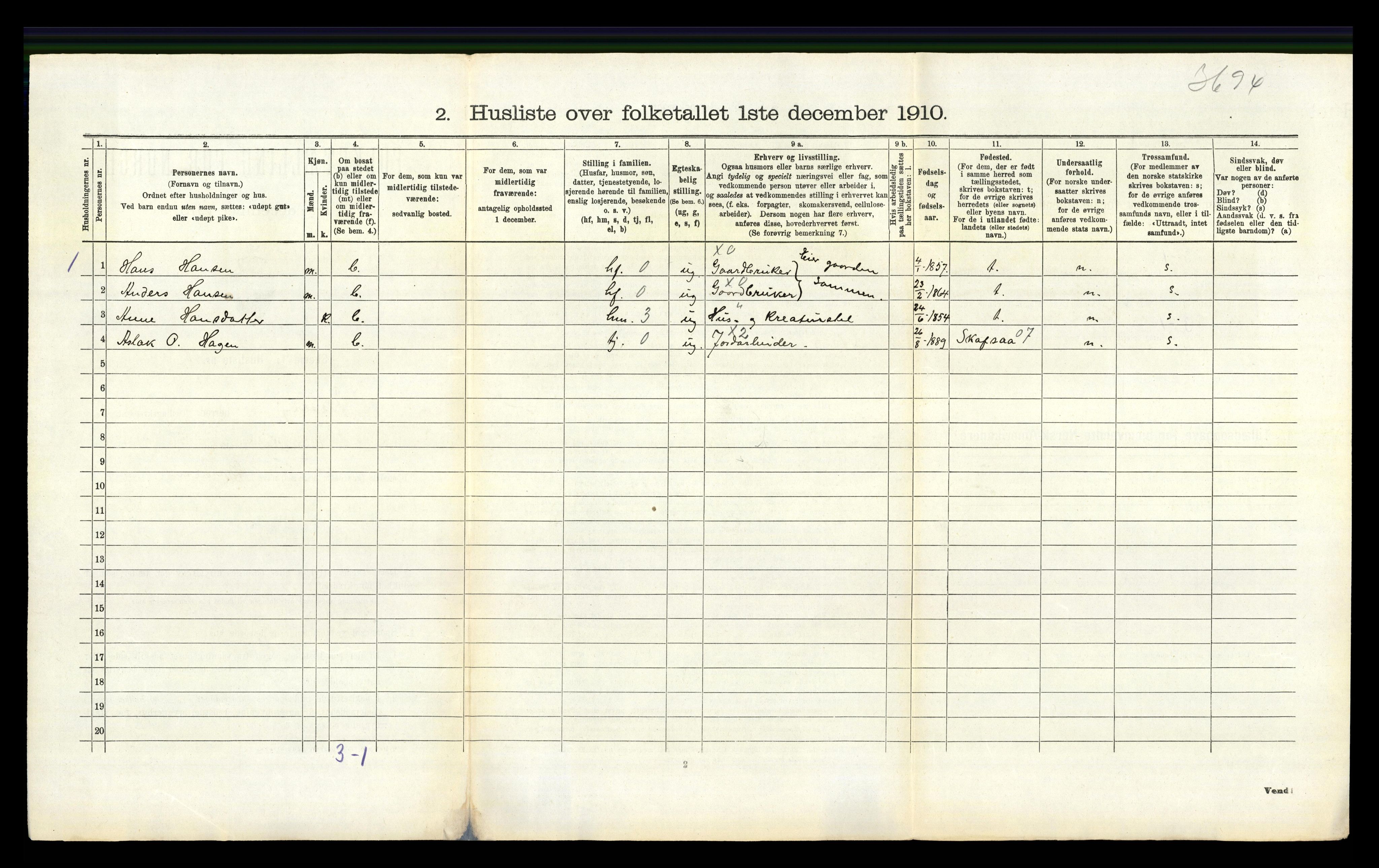 RA, 1910 census for Flesberg, 1910, p. 584