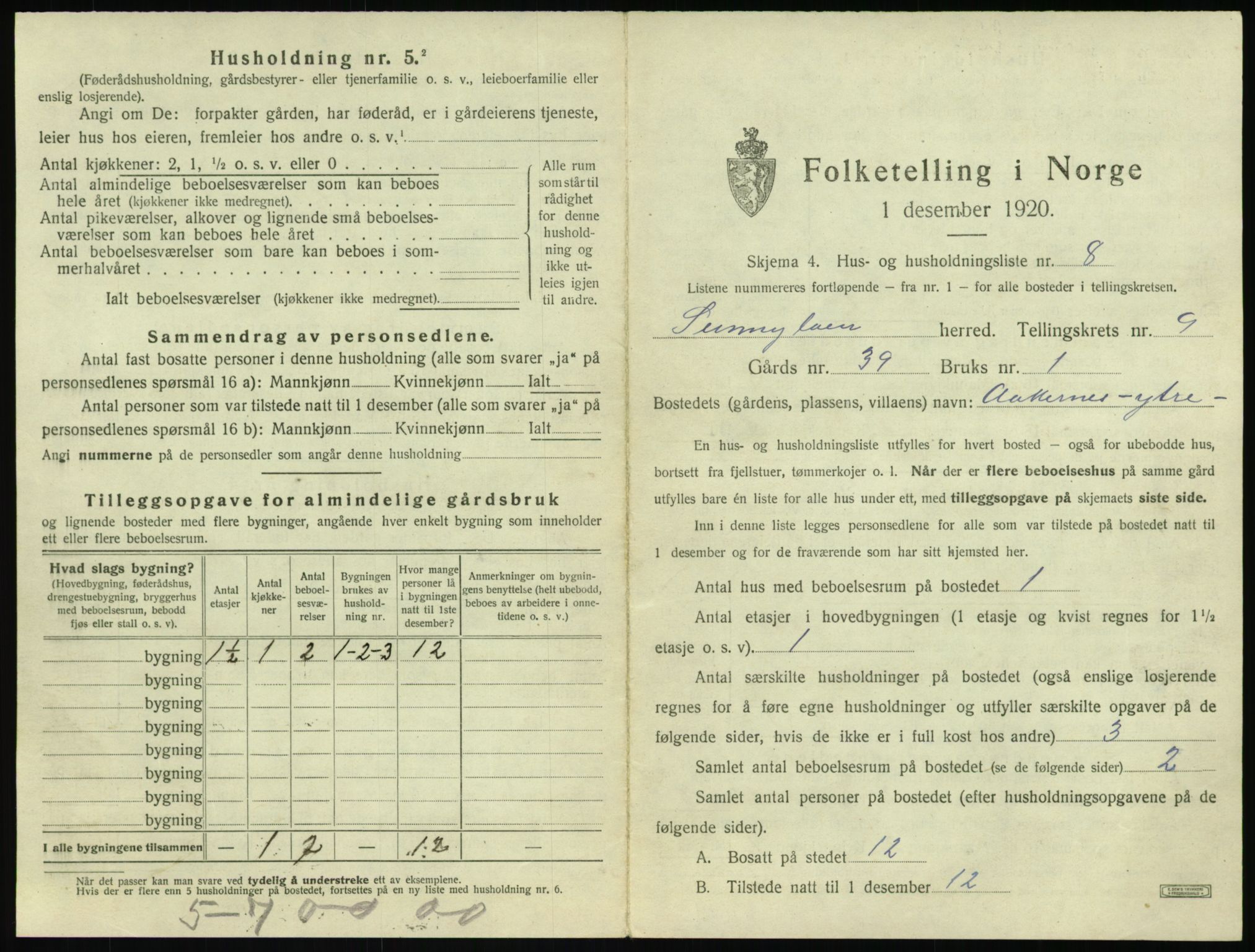 SAT, 1920 census for Sunnylven, 1920, p. 432