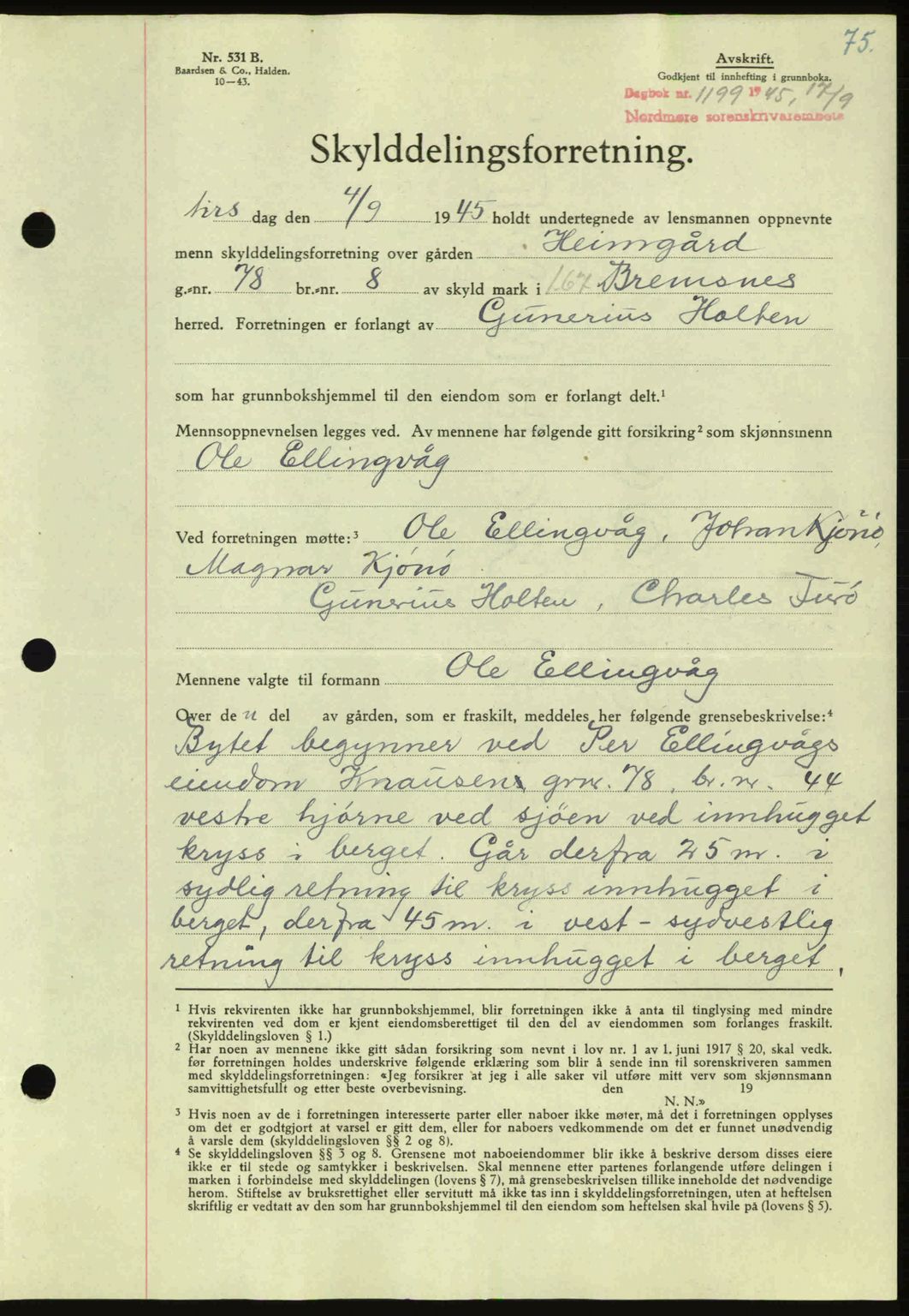 Nordmøre sorenskriveri, AV/SAT-A-4132/1/2/2Ca: Mortgage book no. A100a, 1945-1945, Diary no: : 1199/1945