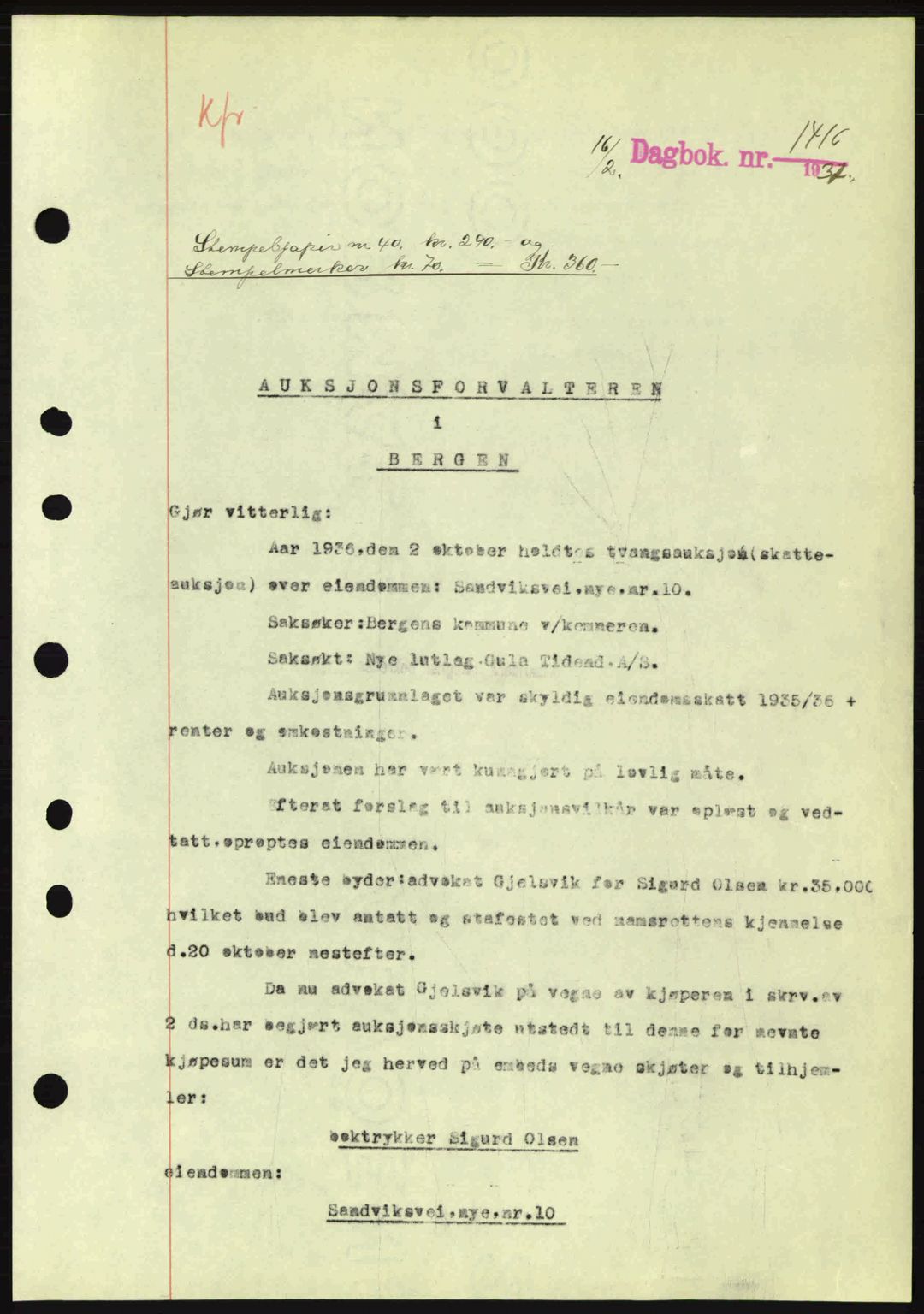 Byfogd og Byskriver i Bergen, SAB/A-3401/03/03Bc/L0004: Mortgage book no. A3-4, 1936-1937, Diary no: : 1416/1937