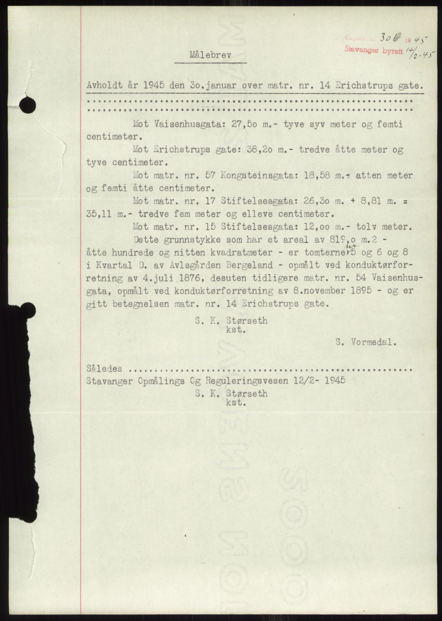 Stavanger byrett, SAST/A-100455/002/G/Gb/L0033: Mortgage book, 1936-1950, Diary no: : 306/1945