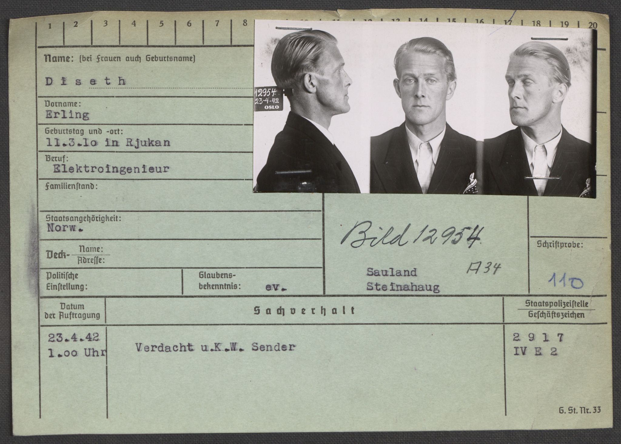 Befehlshaber der Sicherheitspolizei und des SD, AV/RA-RAFA-5969/E/Ea/Eaa/L0002: Register over norske fanger i Møllergata 19: Bj-Eng, 1940-1945, p. 1049