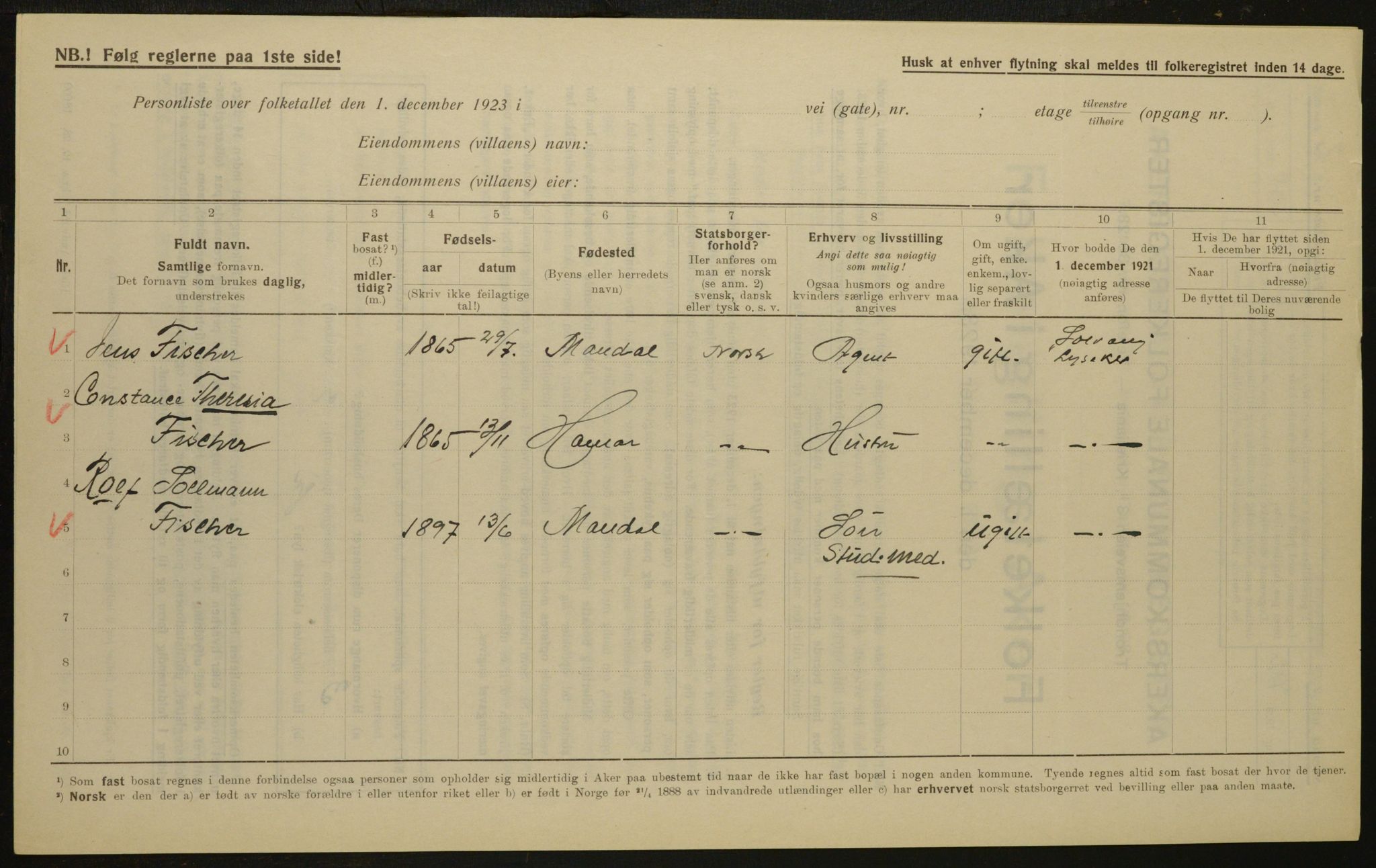 , Municipal Census 1923 for Aker, 1923, p. 4494