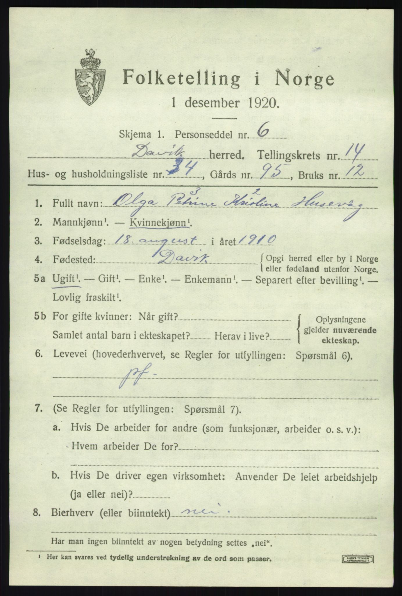 SAB, 1920 census for Davik, 1920, p. 6821