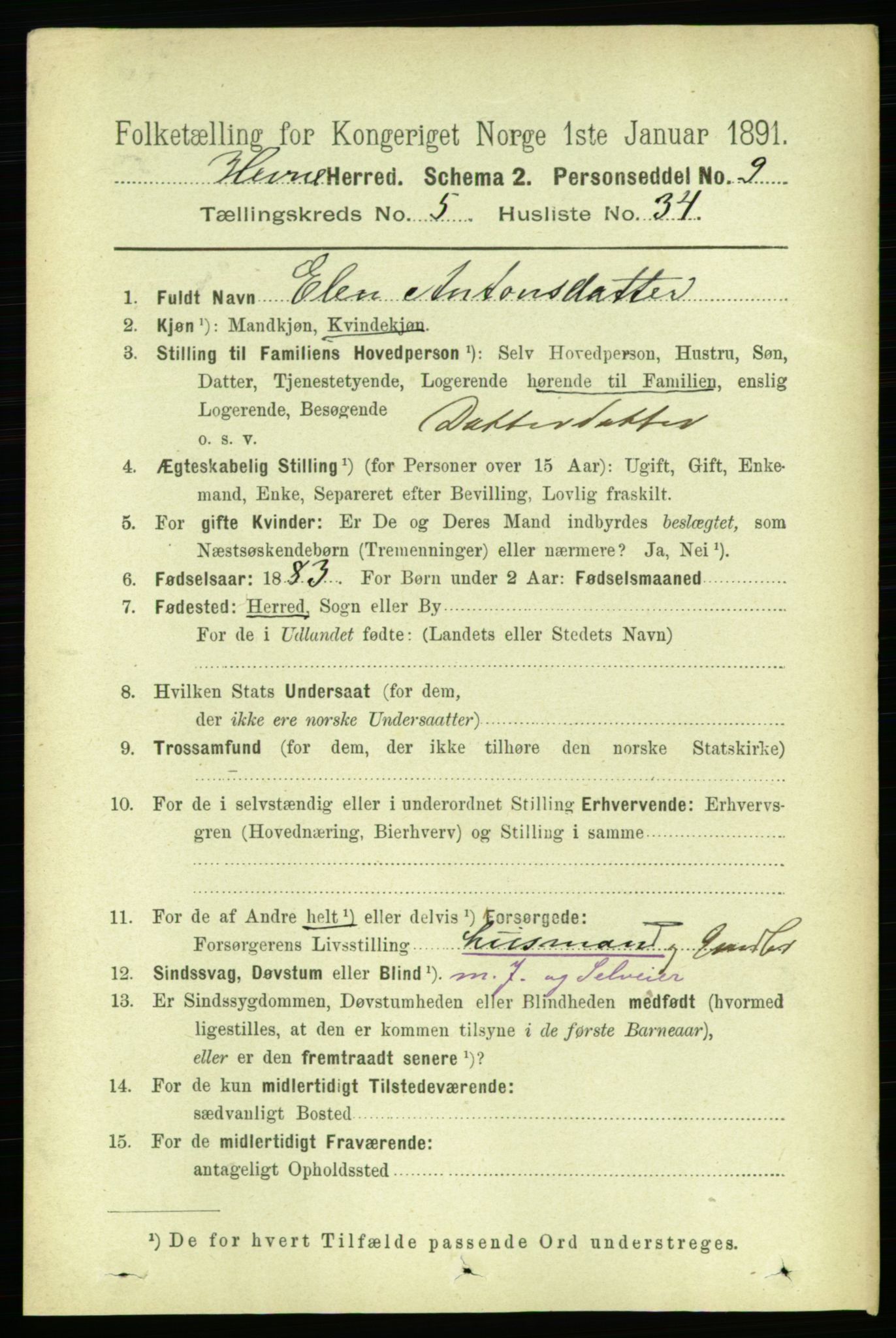 RA, 1891 census for 1612 Hemne, 1891, p. 2683