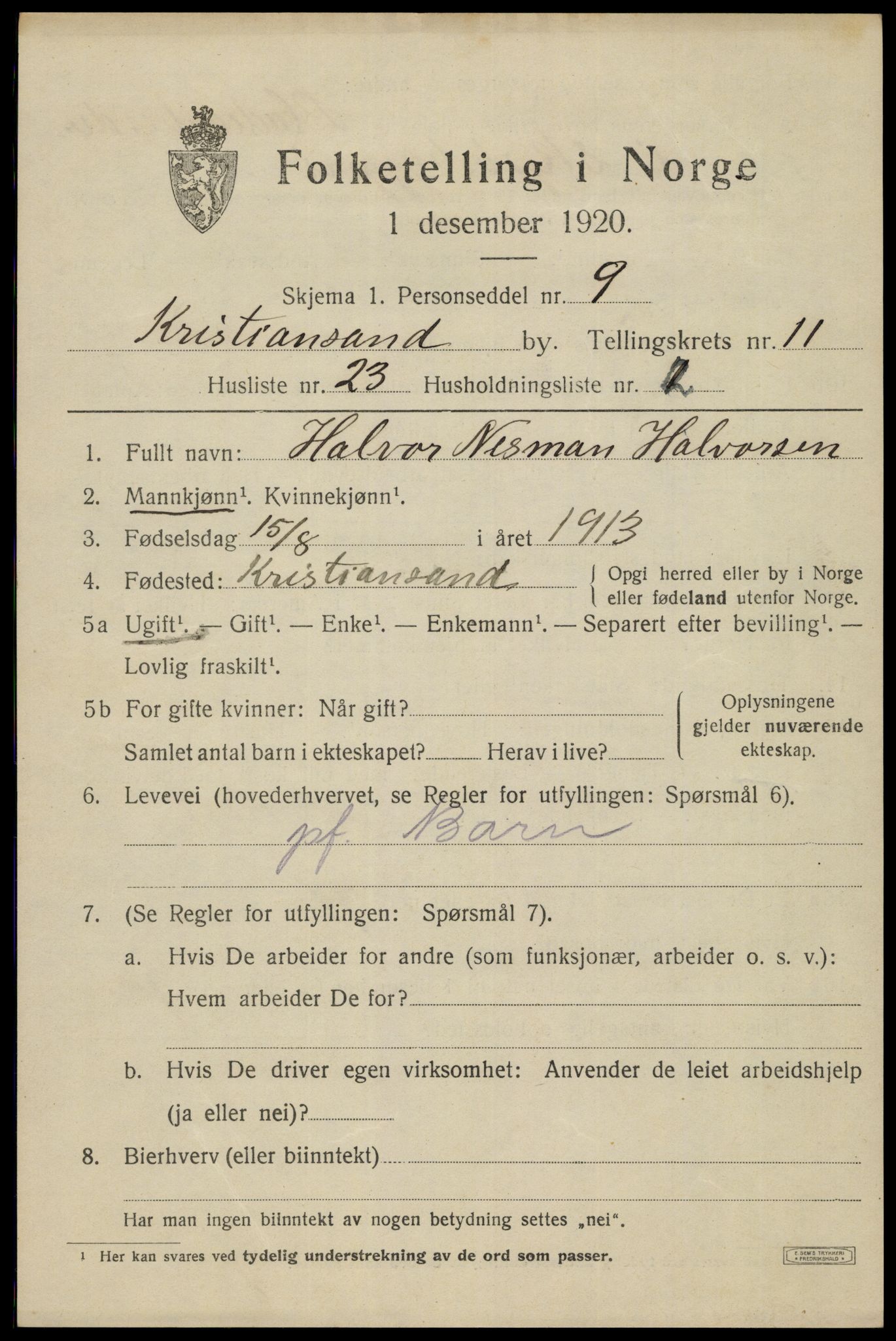 SAK, 1920 census for Kristiansand, 1920, p. 25049