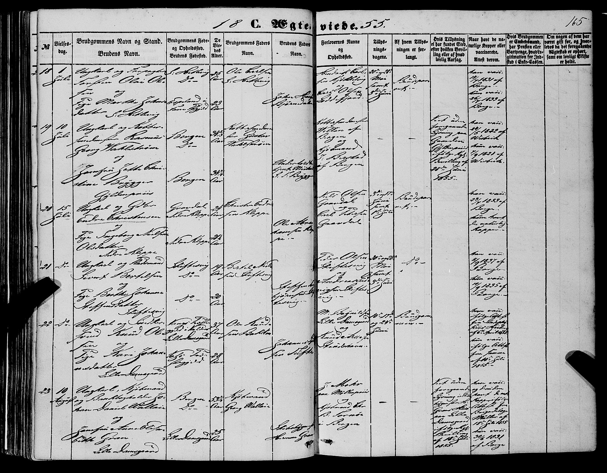 Askøy Sokneprestembete, AV/SAB-A-74101/H/Ha/Haa/Haaa/L0008: Parish register (official) no. A 8, 1852-1862, p. 165