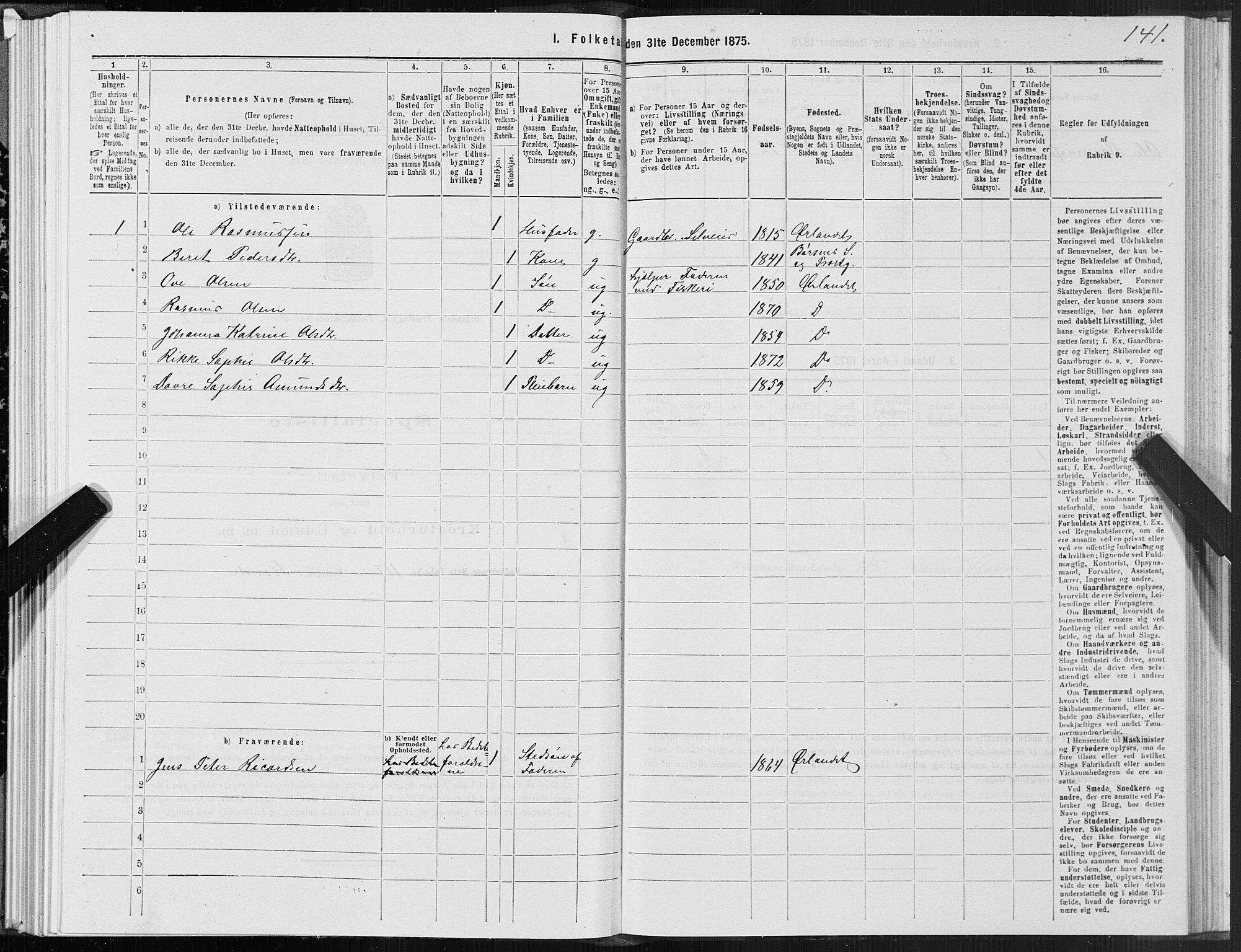 SAT, 1875 census for 1621P Ørland, 1875, p. 3141