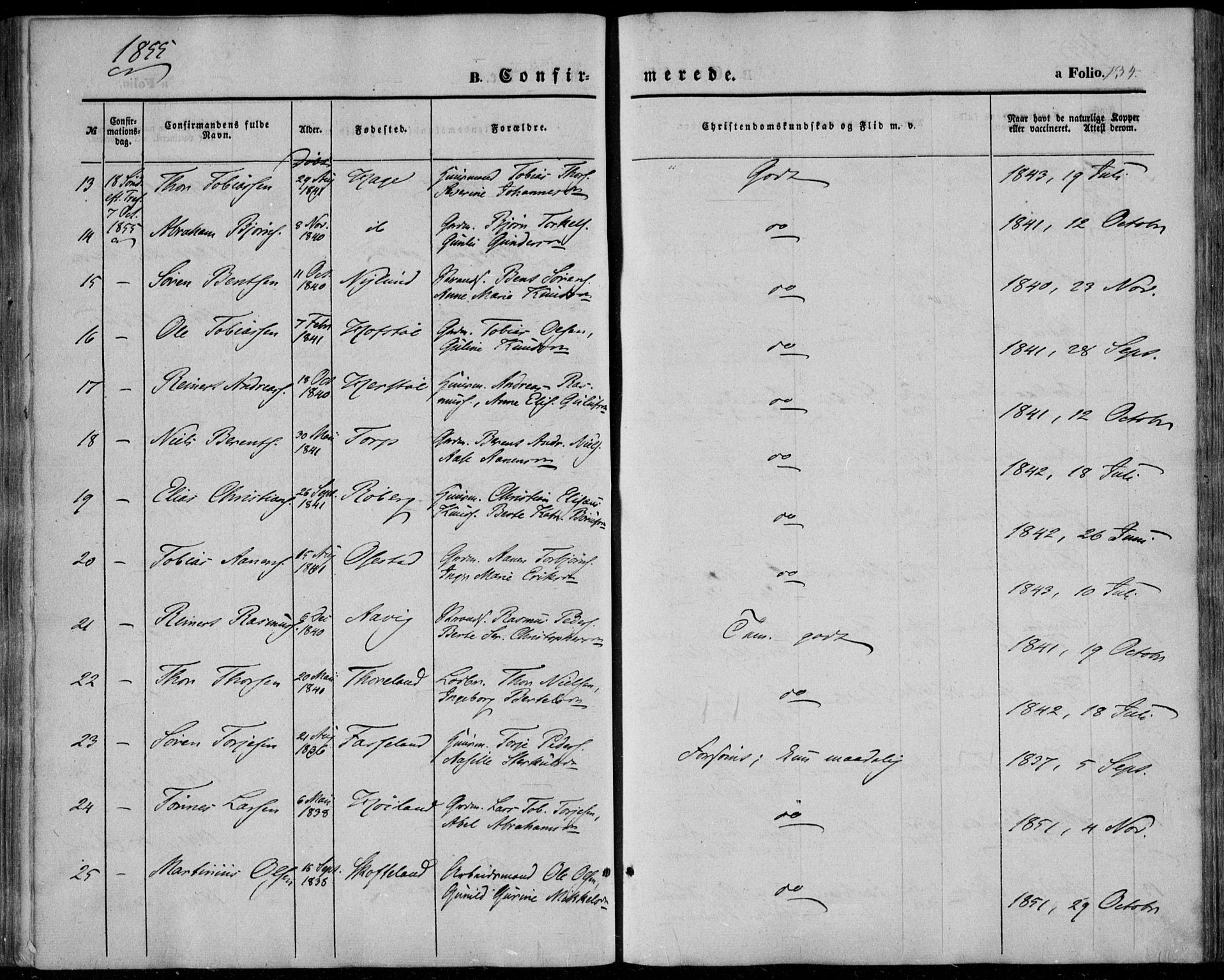 Sør-Audnedal sokneprestkontor, AV/SAK-1111-0039/F/Fa/Fab/L0007: Parish register (official) no. A 7, 1855-1876, p. 134