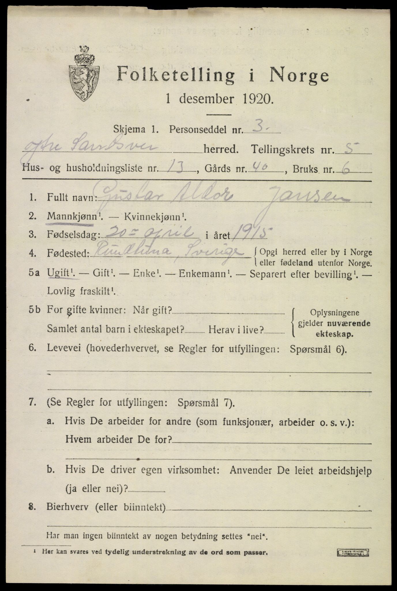 SAKO, 1920 census for Ytre Sandsvær, 1920, p. 4660