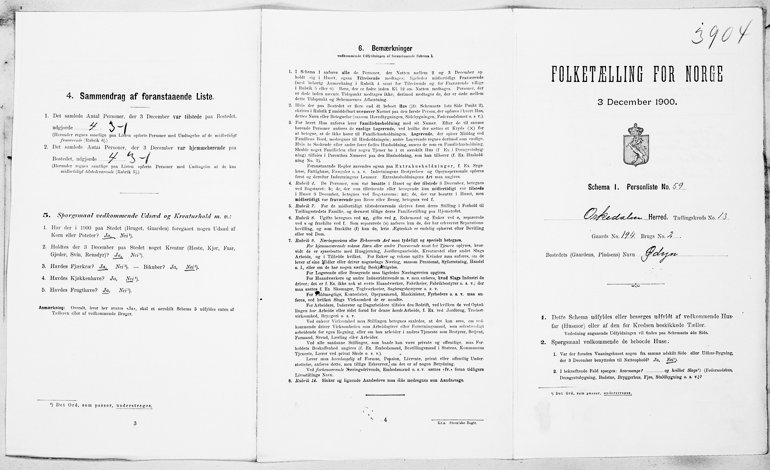 SAT, 1900 census for Orkdal, 1900, p. 1890