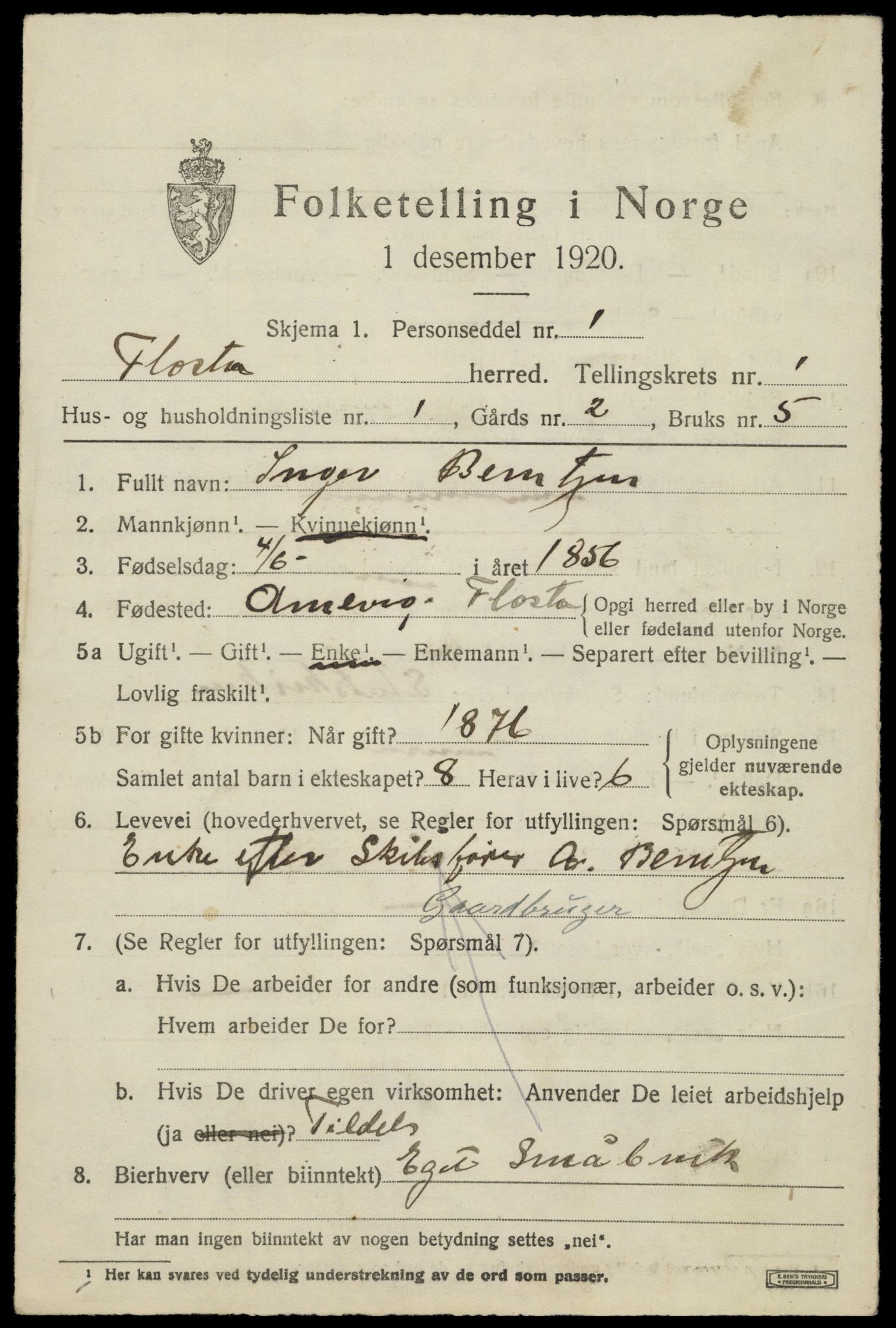 SAK, 1920 census for Flosta, 1920, p. 854