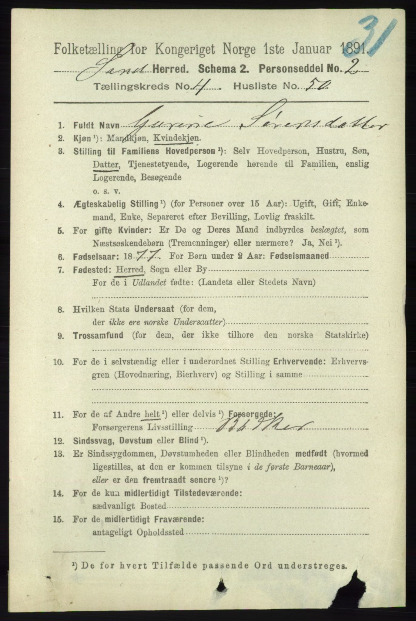 RA, 1891 census for 1136 Sand, 1891, p. 1482