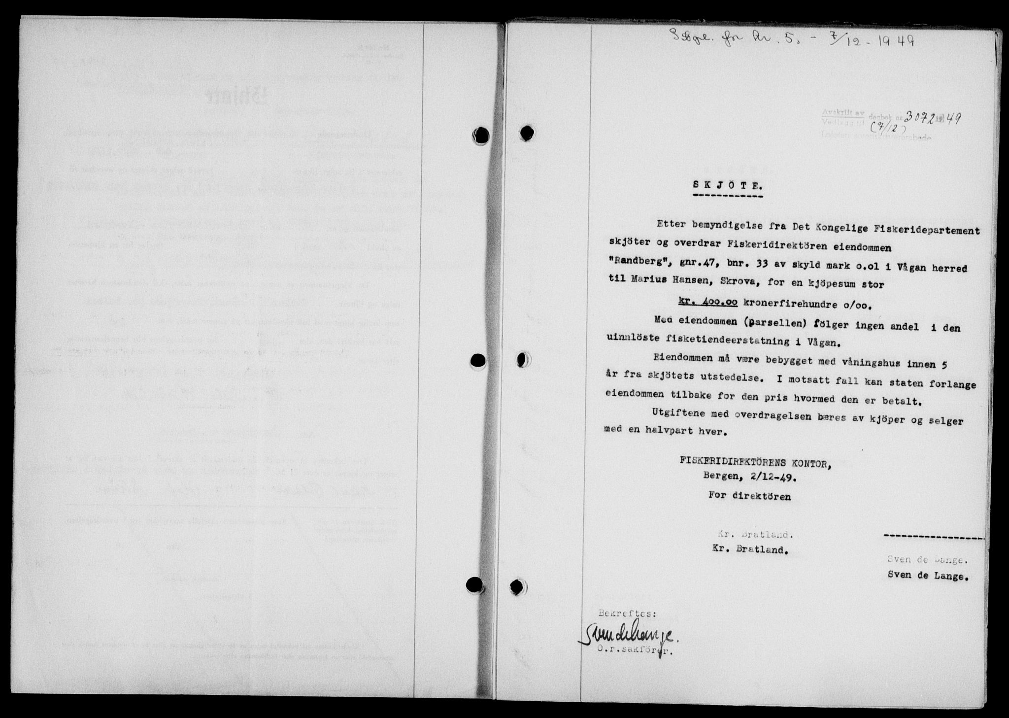 Lofoten sorenskriveri, SAT/A-0017/1/2/2C/L0022a: Mortgage book no. 22a, 1949-1950, Diary no: : 3072/1949