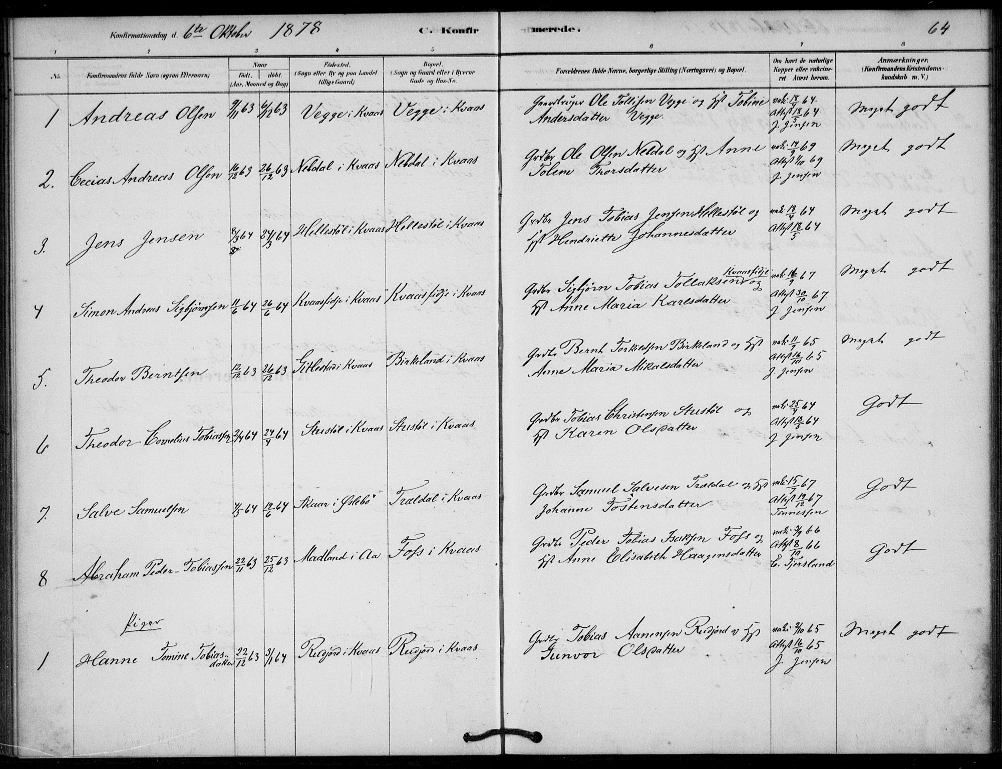 Lyngdal sokneprestkontor, AV/SAK-1111-0029/F/Fa/Fab/L0003: Parish register (official) no. A 3, 1878-1903, p. 64