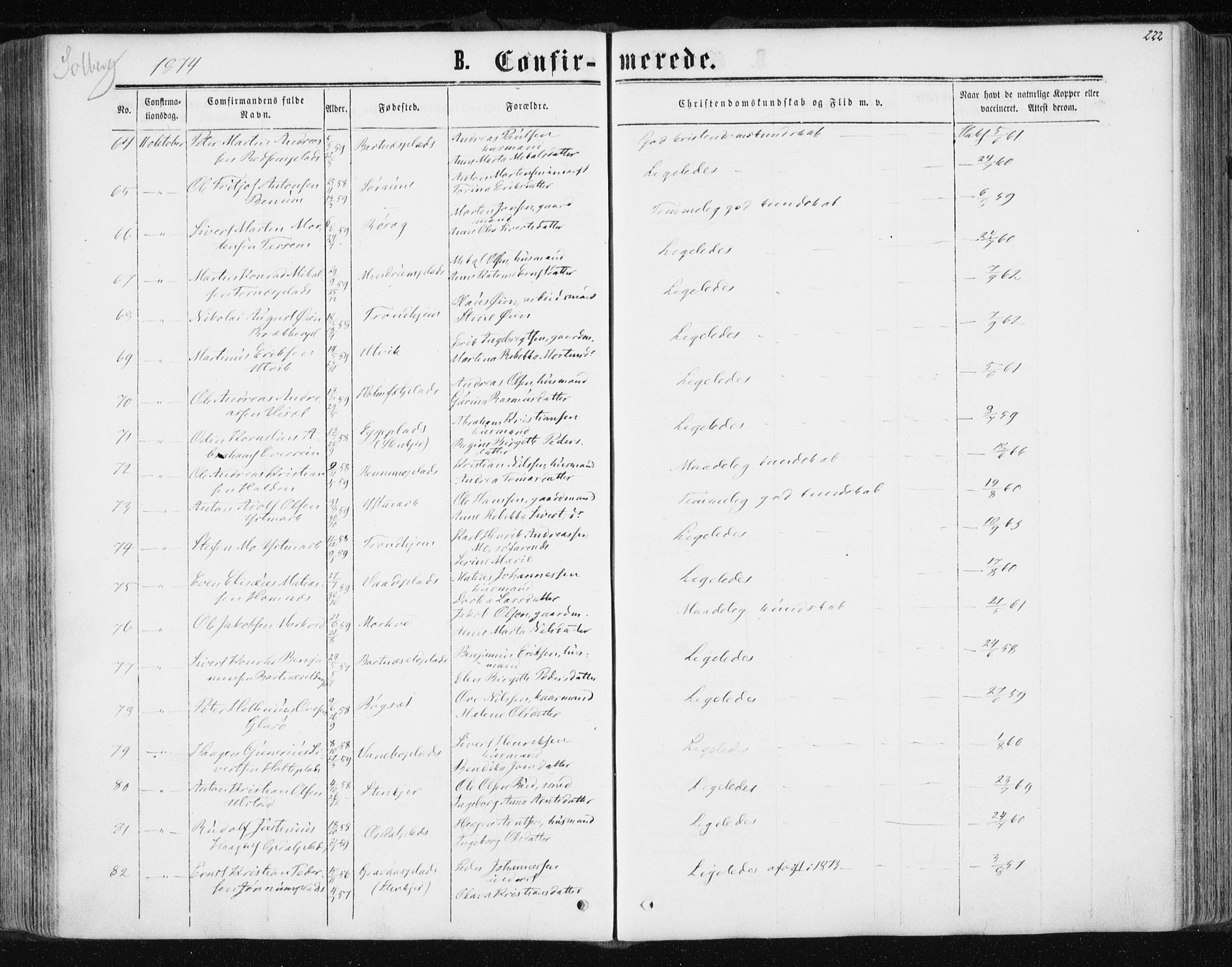 Ministerialprotokoller, klokkerbøker og fødselsregistre - Nord-Trøndelag, AV/SAT-A-1458/741/L0394: Parish register (official) no. 741A08, 1864-1877, p. 222