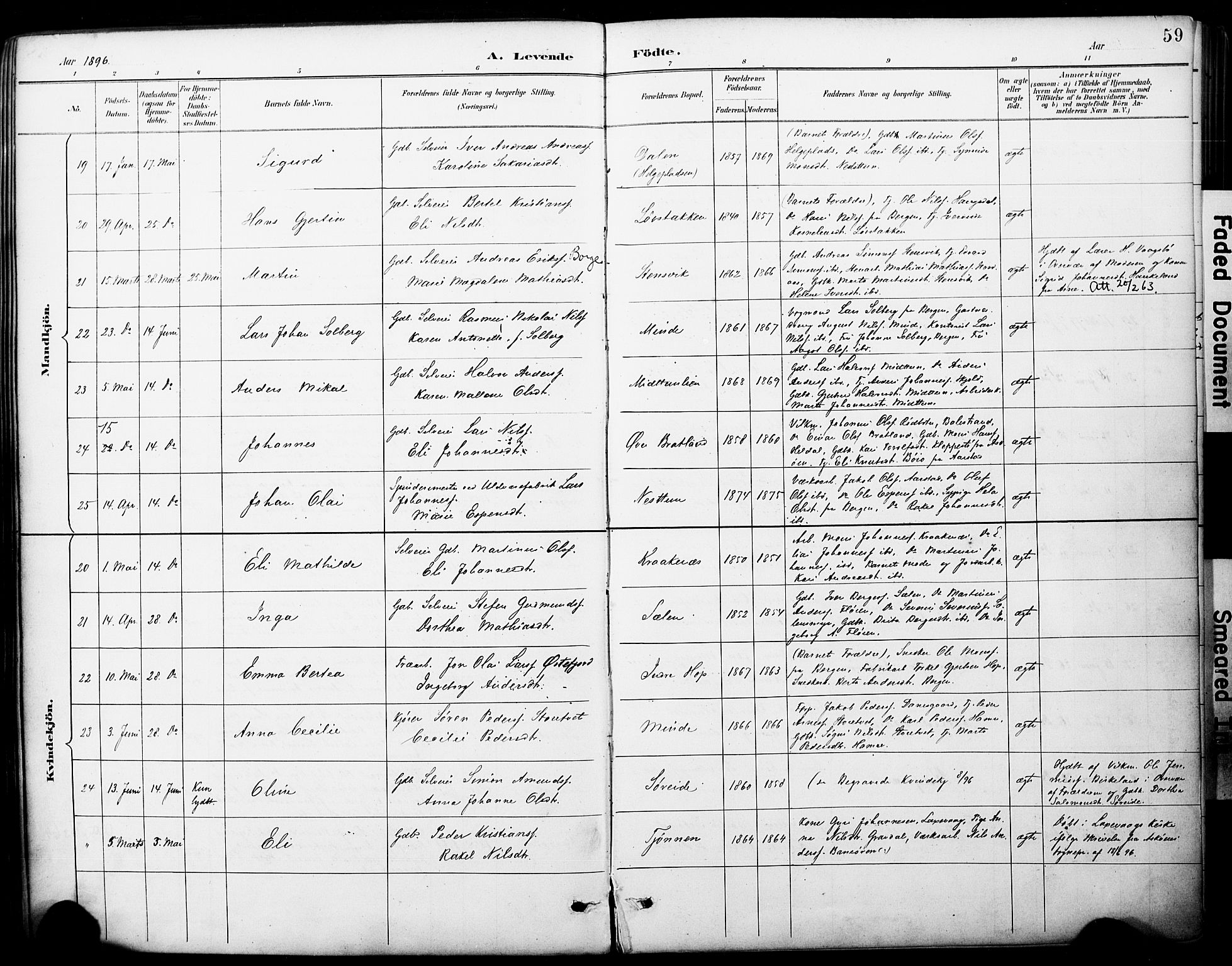 Fana Sokneprestembete, AV/SAB-A-75101/H/Haa/Haai/L0002: Parish register (official) no. I 2, 1888-1899, p. 59