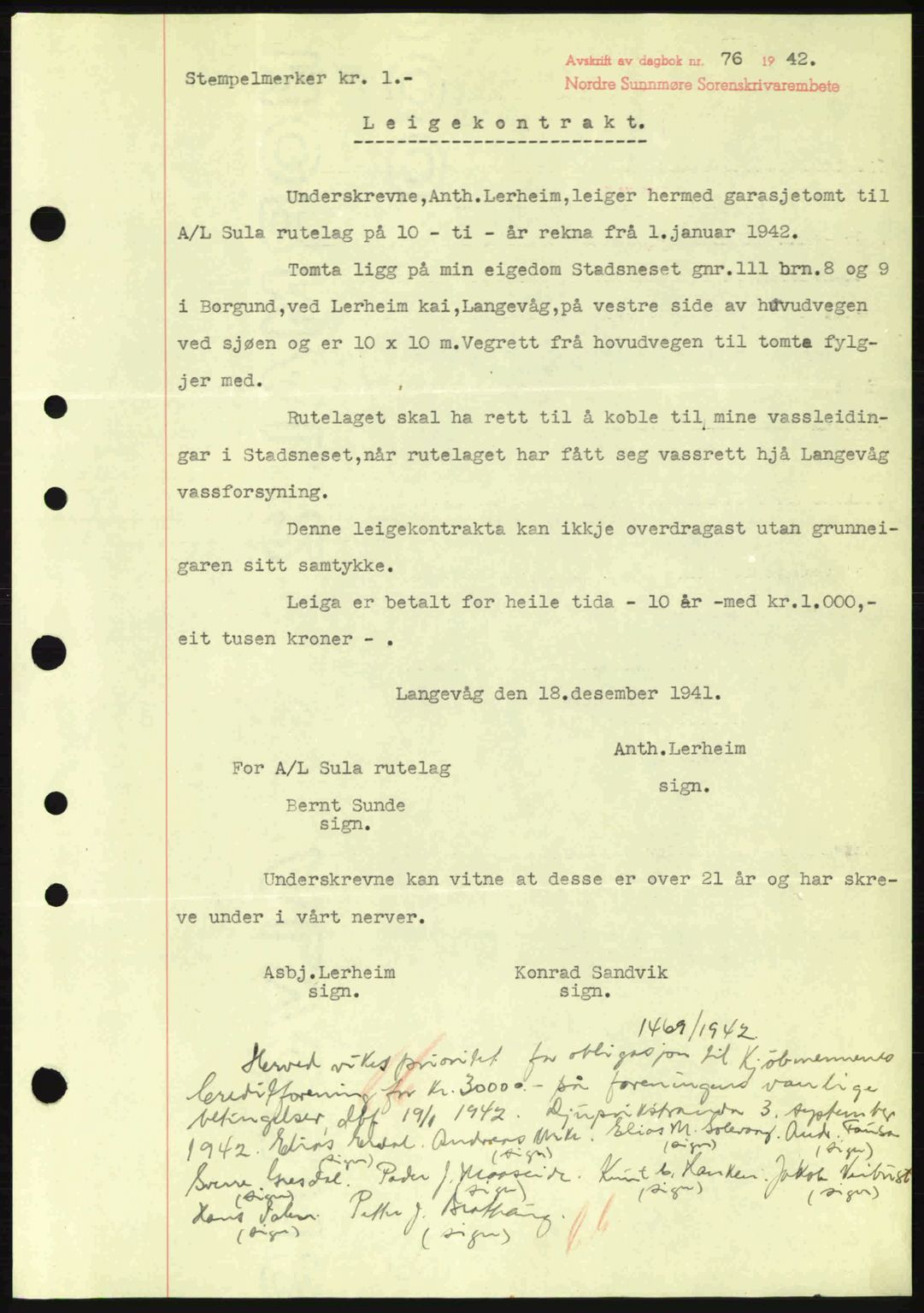 Nordre Sunnmøre sorenskriveri, SAT/A-0006/1/2/2C/2Ca: Mortgage book no. B1-6, 1938-1942, Diary no: : 76/1942
