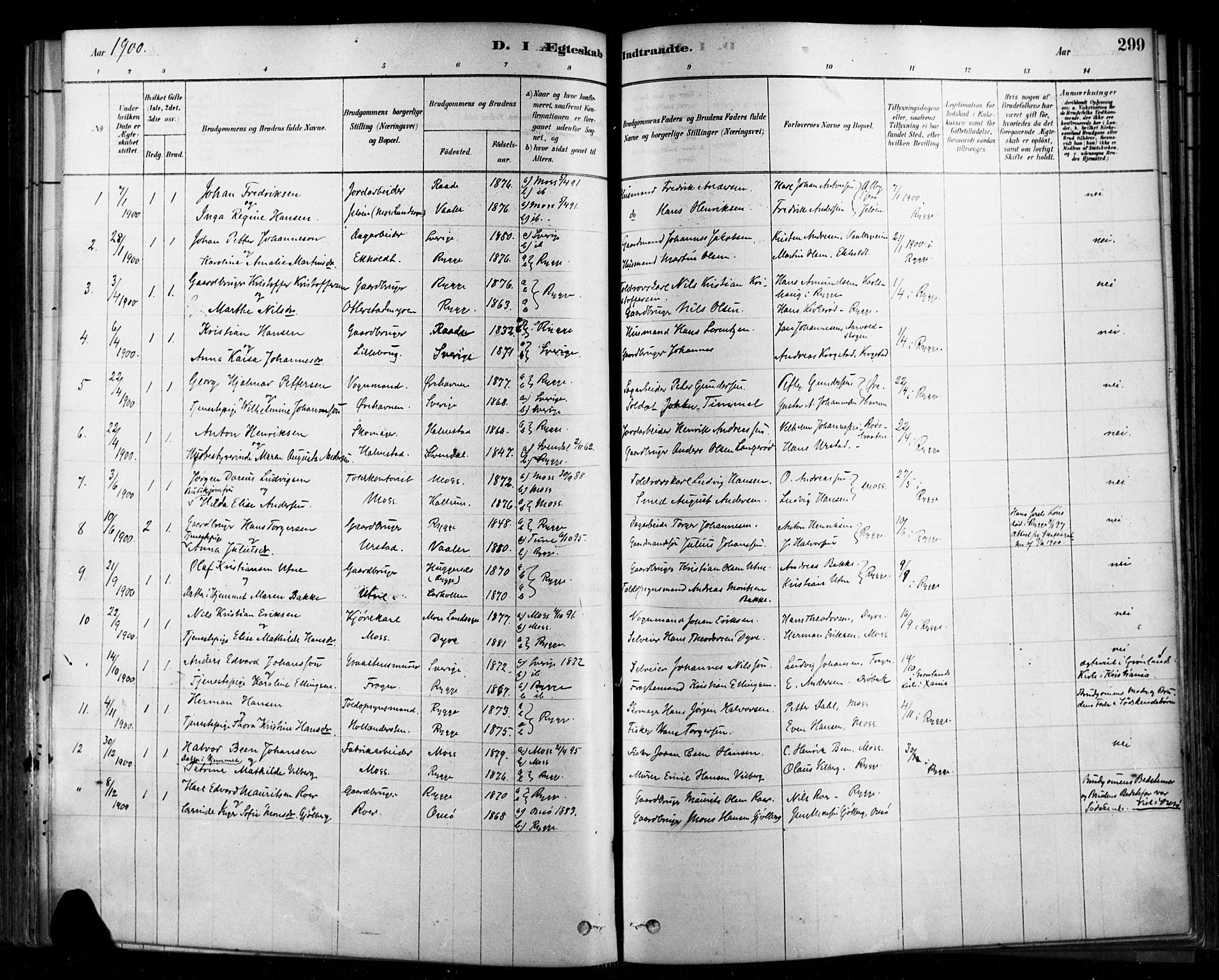 Rygge prestekontor Kirkebøker, SAO/A-10084b/F/Fa/L0007: Parish register (official) no. 7, 1878-1904, p. 299