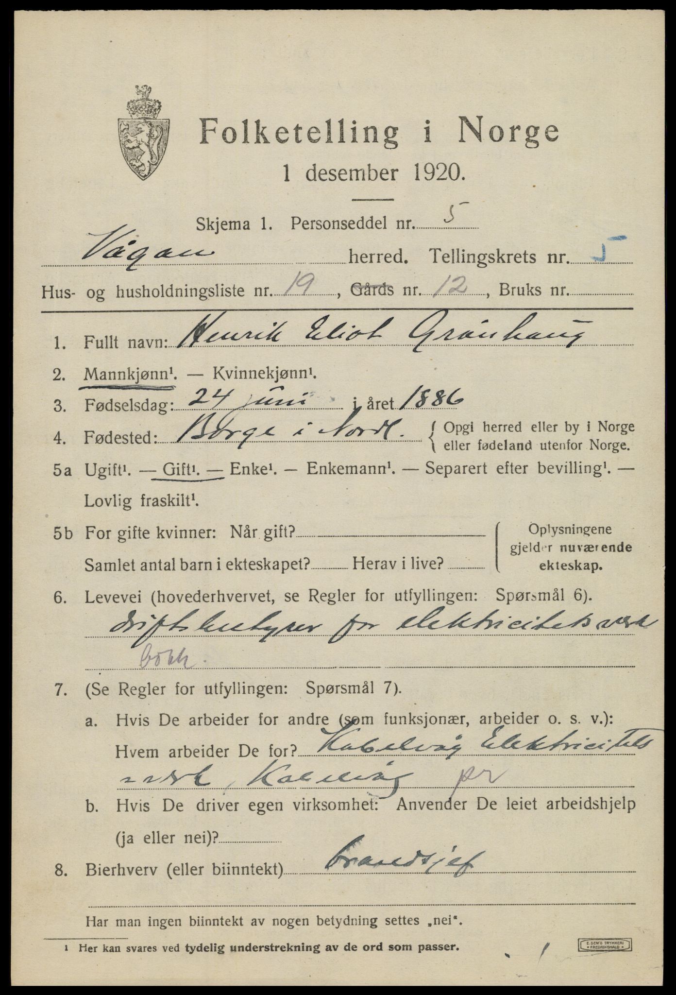 SAT, 1920 census for Vågan, 1920, p. 5381