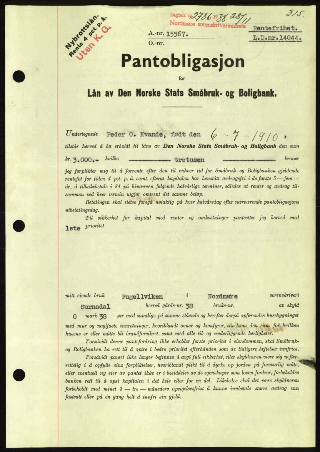 Nordmøre sorenskriveri, SAT/A-4132/1/2/2Ca: Mortgage book no. B84, 1938-1939, Diary no: : 2786/1938