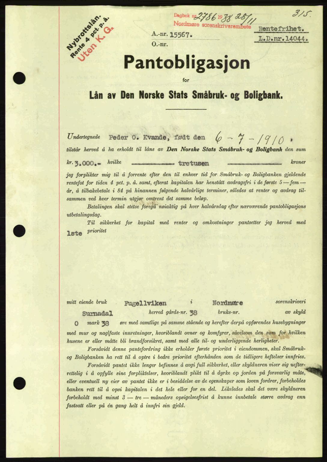 Nordmøre sorenskriveri, AV/SAT-A-4132/1/2/2Ca: Mortgage book no. B84, 1938-1939, Diary no: : 2786/1938