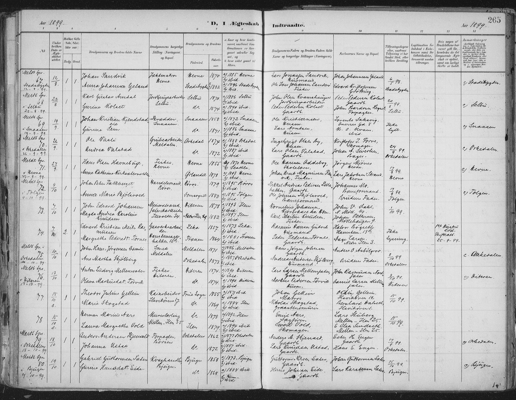 Ministerialprotokoller, klokkerbøker og fødselsregistre - Sør-Trøndelag, SAT/A-1456/603/L0167: Parish register (official) no. 603A06, 1896-1932, p. 265
