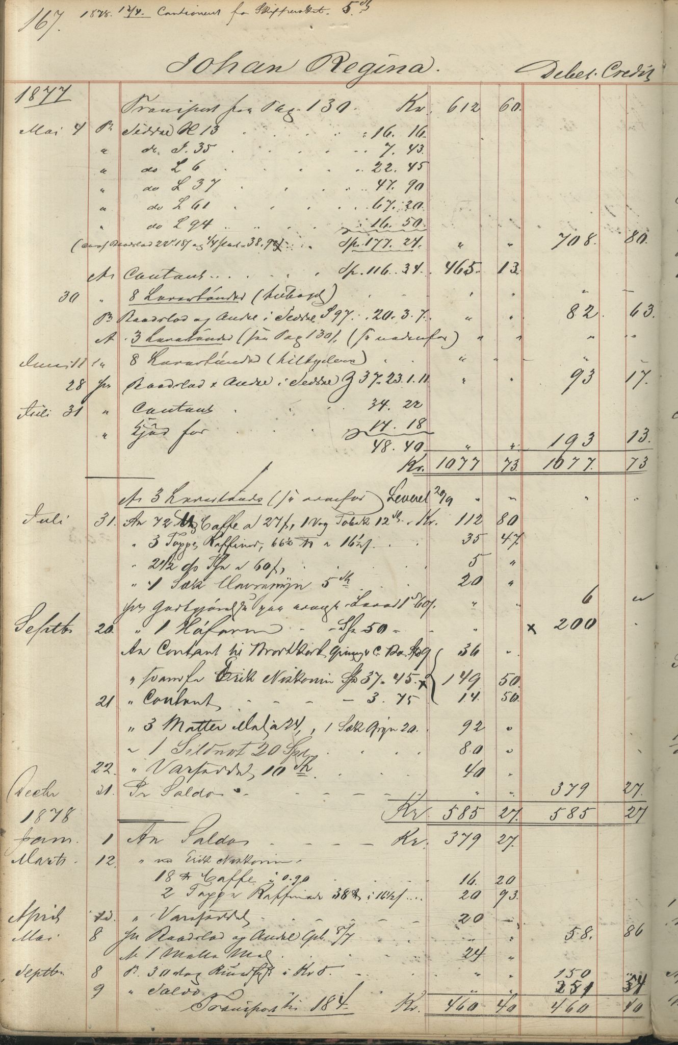 Brodtkorb handel A/S, VAMU/A-0001/F/Fc/L0001/0001: Konto for kvener og nordmenn på Kolahalvøya  / Conto for Kvæner og Nordmænd paa Russefinmarken No 1, 1868-1894, p. 167