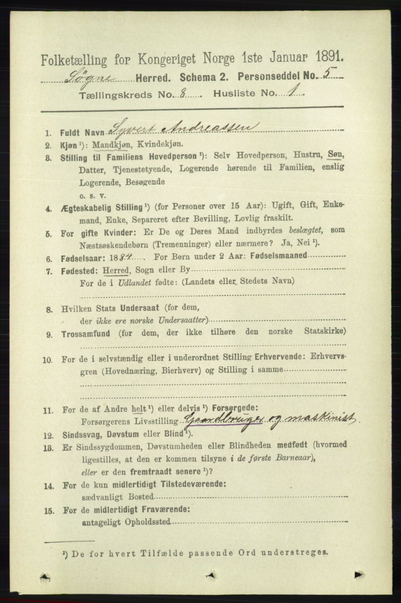 RA, 1891 census for 1018 Søgne, 1891, p. 2215