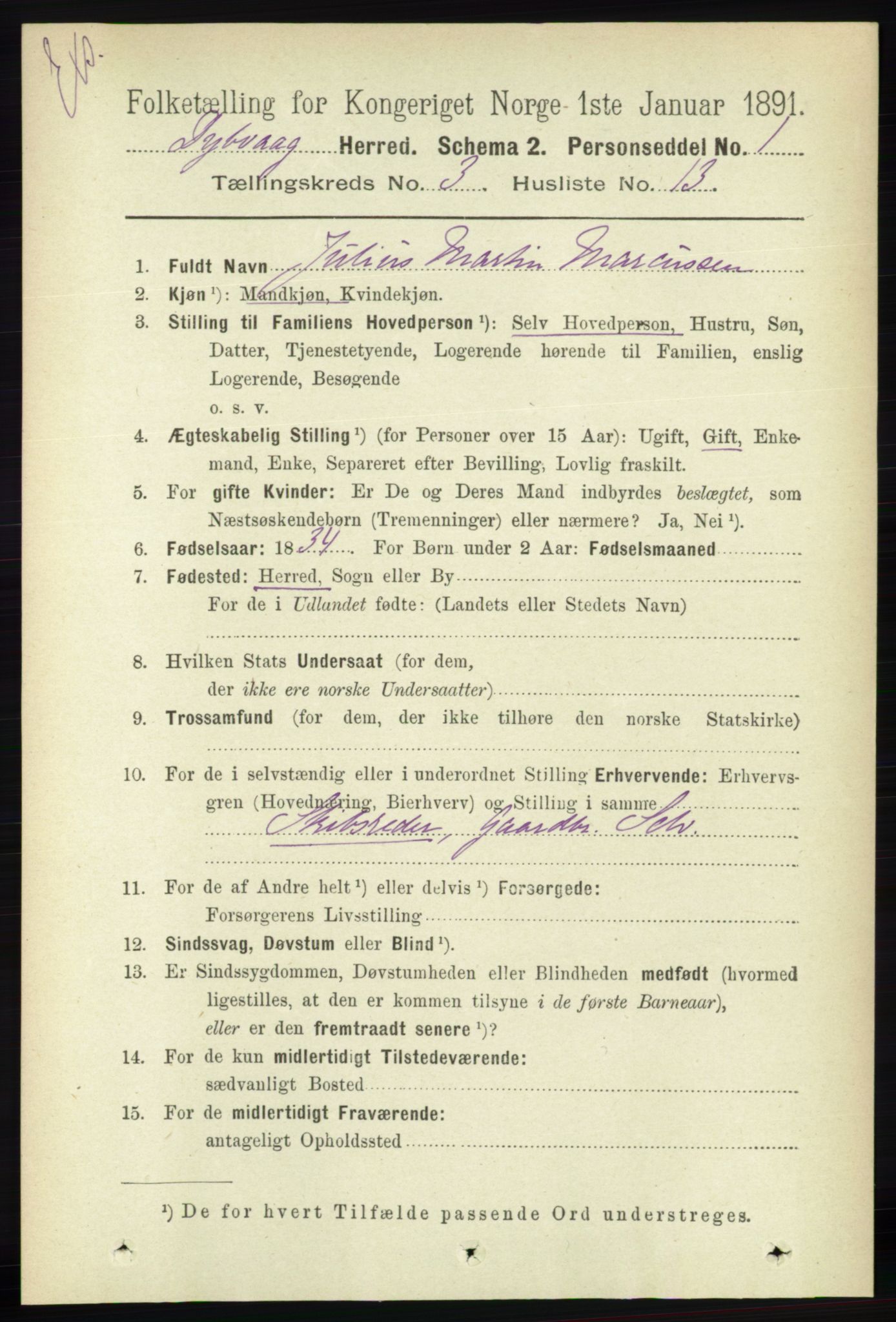 RA, Census 1891 for Nedenes amt: Gjenparter av personsedler for beslektede ektefeller, menn, 1891, p. 185
